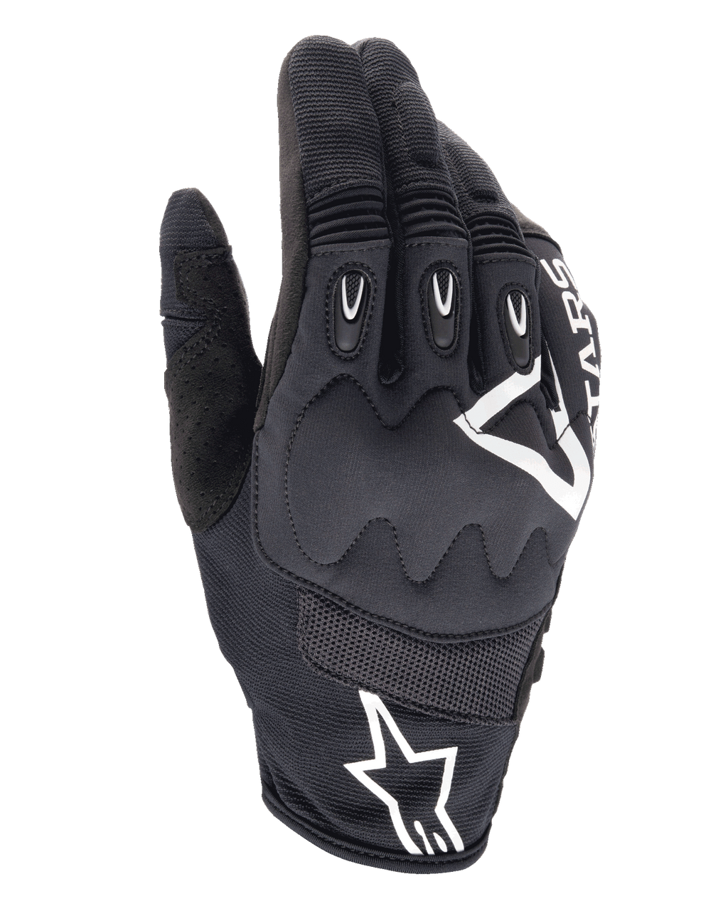 Gants Alpinestars Techdura, gants de moto enduro, noirs avec logo Alpinestars blanc, protection des articulations viscoélastique, inserts TPR aux doigts, construction en mesh respirant et textile extensible, équipement de conduite tout-terrain