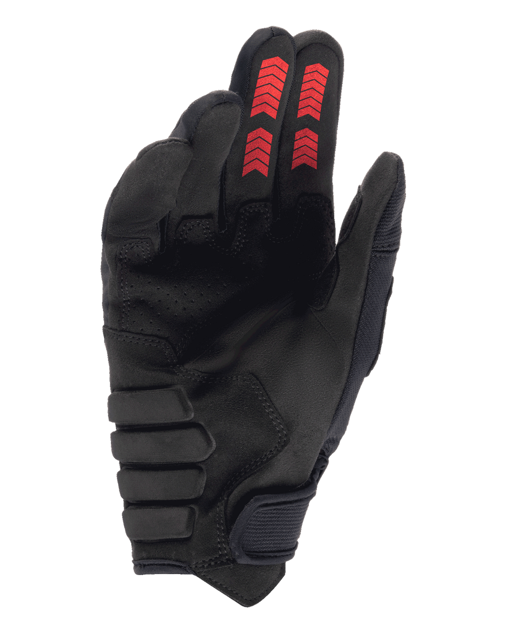 Gants Alpinestars Techdura, gants d'enduro tout-terrain, noir et rouge feu, vue côté paume avec suédine synthétique renforcée, graphismes en chevrons rouges sur le bout des doigts et fermeture auto-agrippante au poignet.