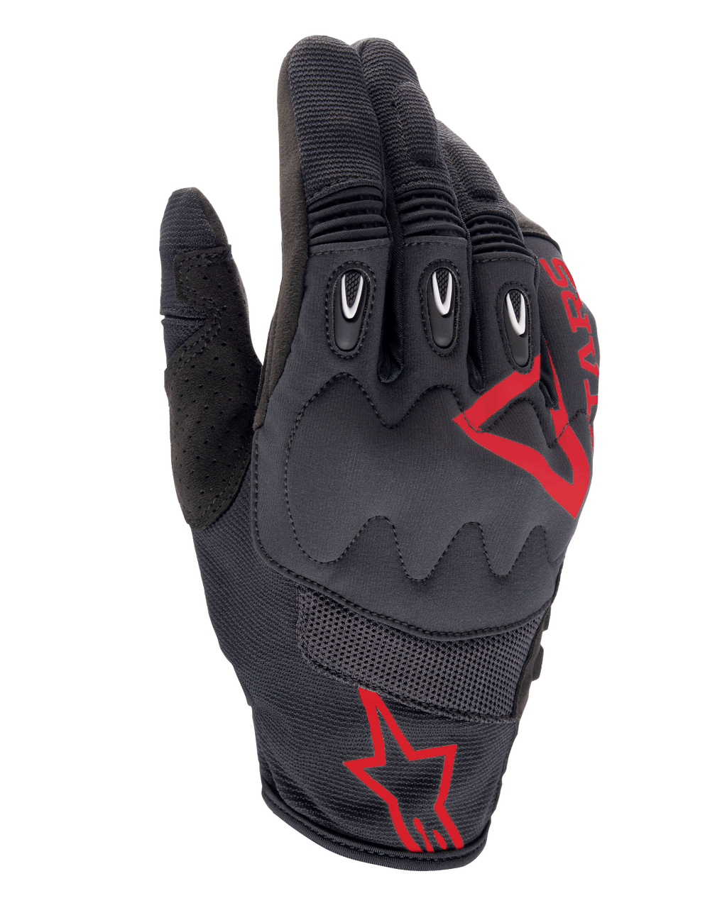 Gants Alpinestars Techdura, Fire Red Black, gants de motocross et d'enduro, tissu texturé noir avec logos étoile rouges, protection renforcée des articulations et des doigts, panneaux en mesh respirant, équipement de moto tout-terrain durable