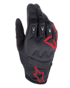 Gants Alpinestars Techdura, Fire Red Black, gants de motocross et d'enduro, tissu texturé noir avec logos étoile rouges, protection renforcée des articulations et des doigts, panneaux en mesh respirant, équipement de moto tout-terrain durable