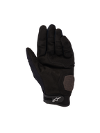 Gants Alpinestars Megawatt V2, gants de motocross et d'enduro, noir, vue de la paume montrant les sections renforcées de la paume et du pouce, texture perforée pour la ventilation, sangle de poignet en Velcro avec logo Alpinestars blanc