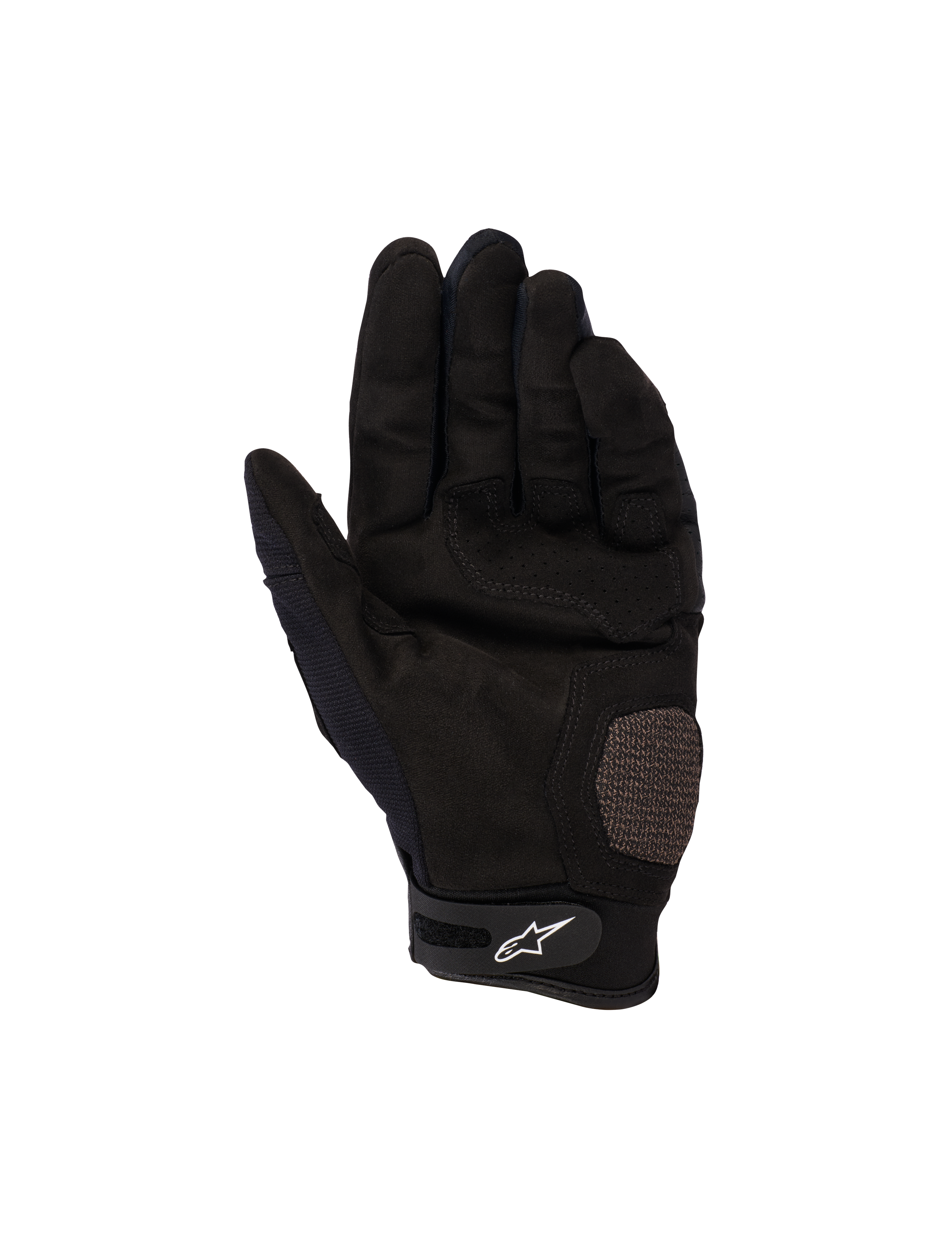 Gants Alpinestars Megawatt V2, gants de motocross et d'enduro, noir, vue de la paume montrant les sections renforcées de la paume et du pouce, texture perforée pour la ventilation, sangle de poignet en Velcro avec logo Alpinestars blanc