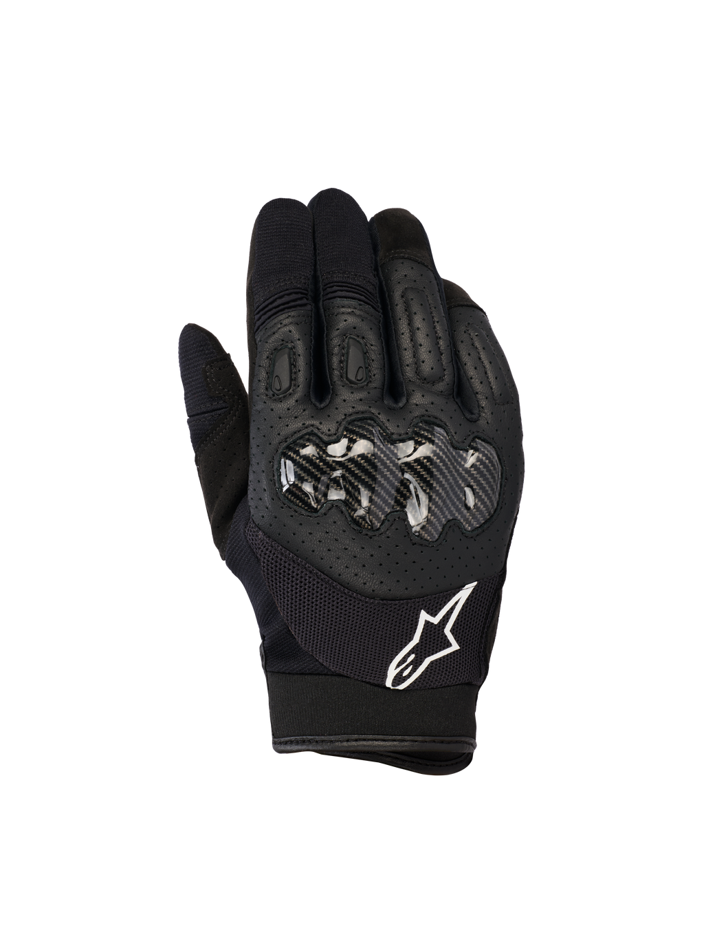Gants Alpinestars Megawatt V2, gants de motocross et d'enduro, noirs, dotés d'une protection rigide pour les articulations avec une finition aspect carbone, dessus de la main en cuir perforé pour la respirabilité, logo Alpinestars blanc sur la manchette, protection durable pour le tout-terrain