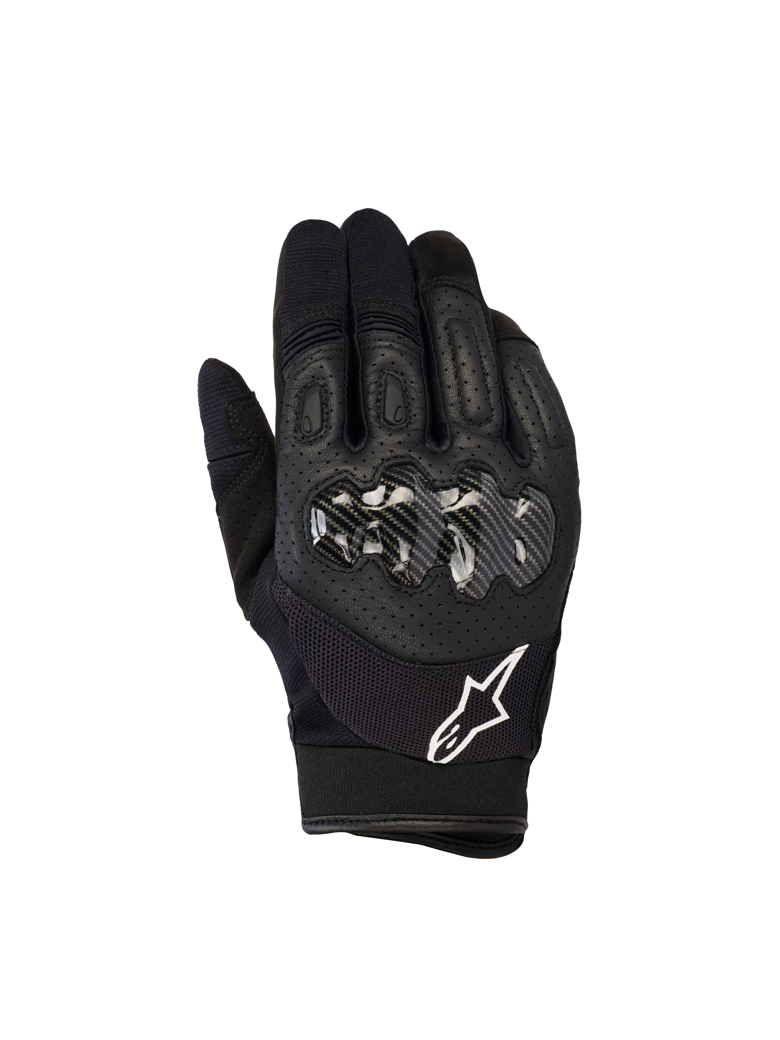 Alpinestars Megawatt V2 Gloves, Motocross and Enduro Gloves, Black, featuring a hard knuckle protector with carbon-look finish, perforated leather top hand for breathability, white Alpinestars logo on the cuff, durable off-road protection