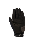 Gants Alpinestars Megawatt V2, gants de motocross et d'enduro, noir, vue de la paume présentant des zones renforcées au pouce et à la paume, des détails perforés pour la circulation de l'air et une fermeture velcro au poignet avec le logo Alpinestars