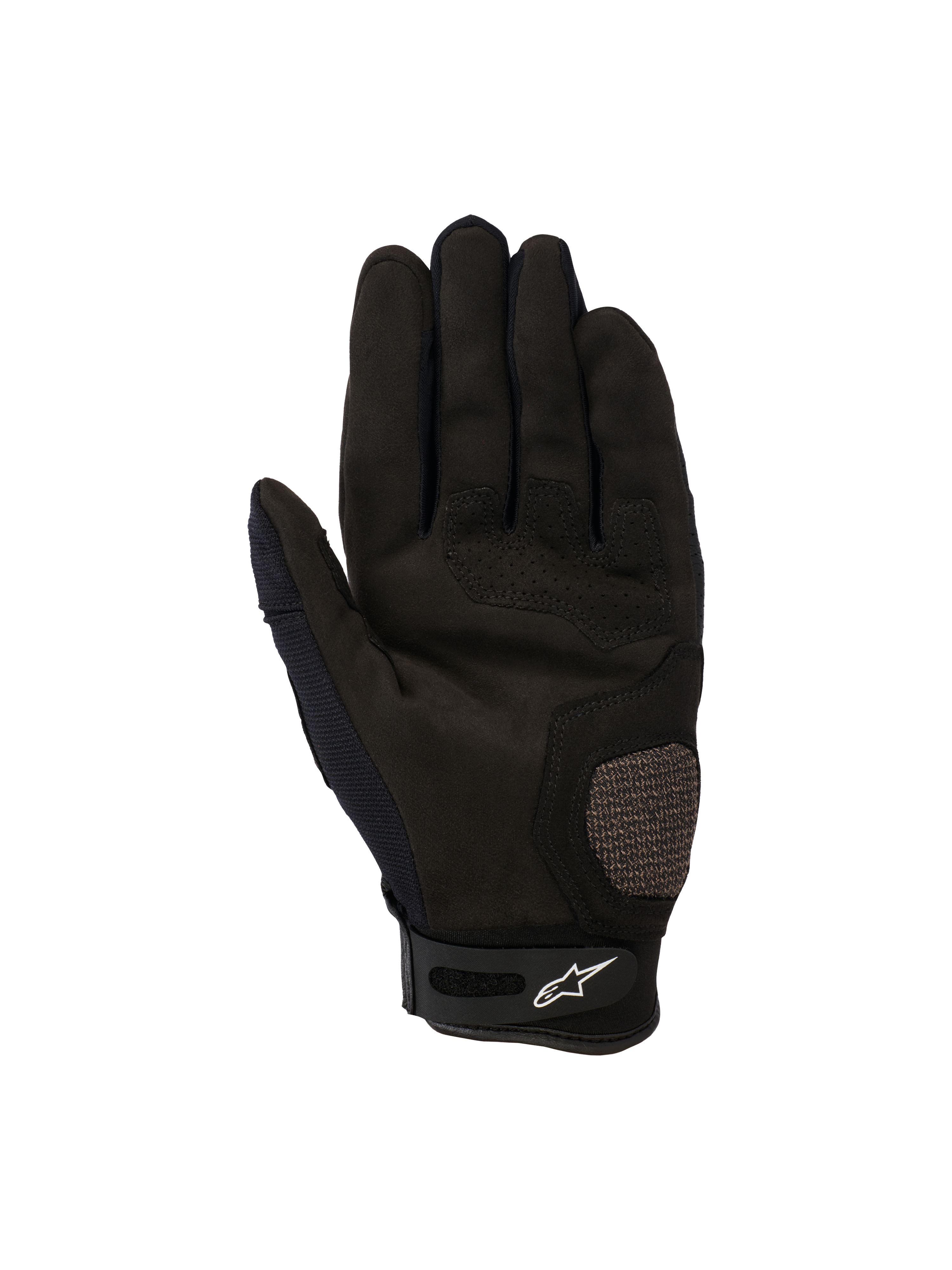 Gants Alpinestars Megawatt V2, gants de motocross et d'enduro, noir, vue de la paume présentant des zones renforcées au pouce et à la paume, des détails perforés pour la circulation de l'air et une fermeture velcro au poignet avec le logo Alpinestars