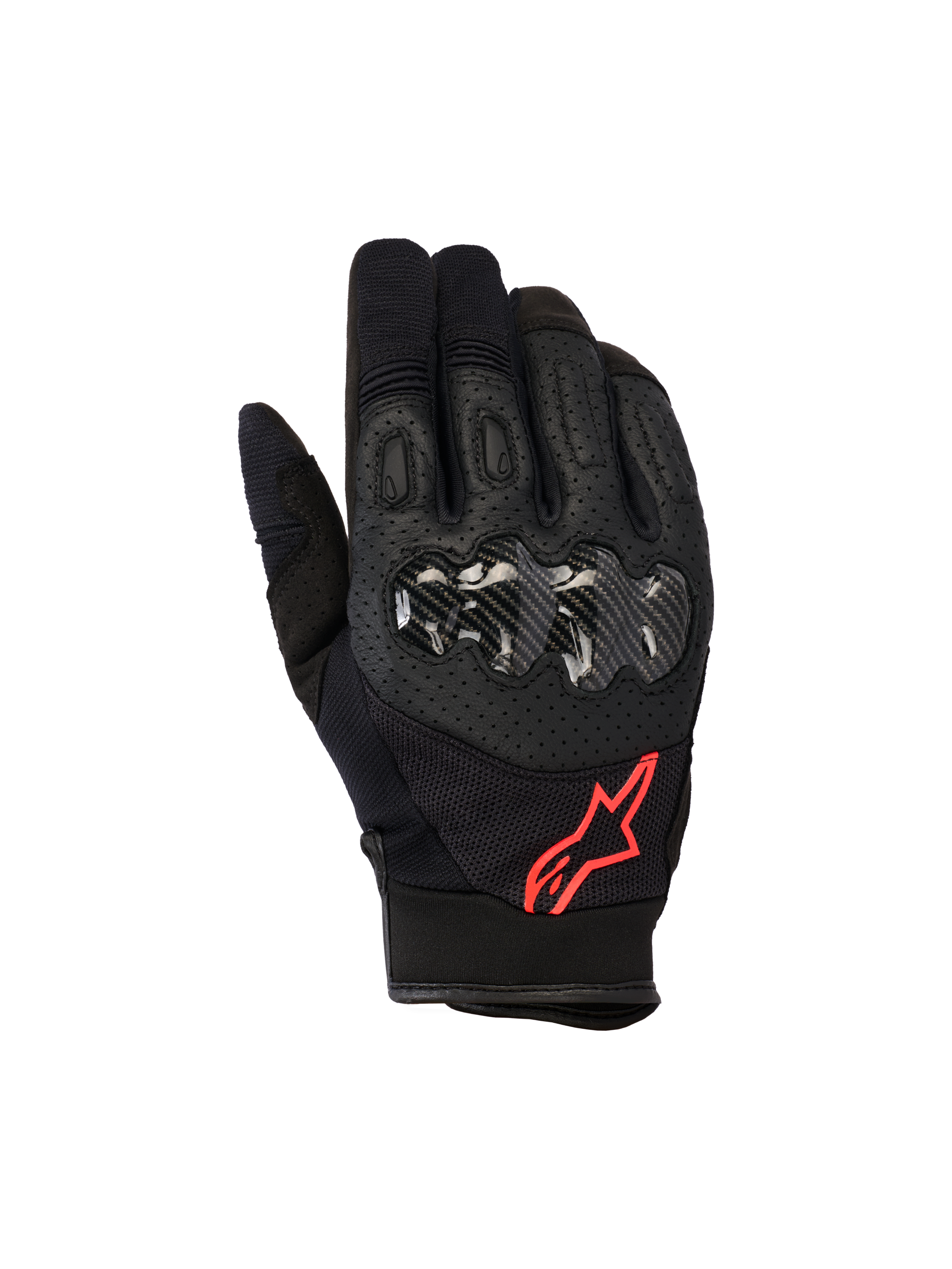 Gants Alpinestars Megawatt V2, gants de motocross, noir et rouge fluo, avec protection rigide des articulations à texture carbone, cuir perforé pour la ventilation et logo étoile rouge, équipement tout-terrain durable