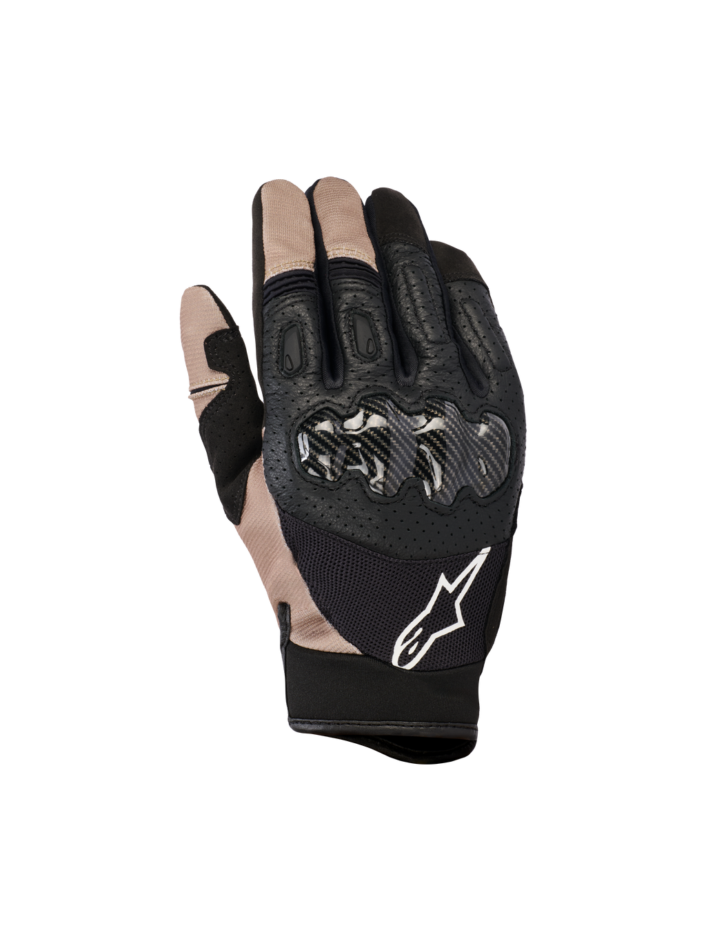 Gants Alpinestars Megawatt V2, gants de motocross et d'enduro, noir et beige, protection des articulations en fibre de carbone, construction en cuir perforé et mesh, logo Alpinestars blanc