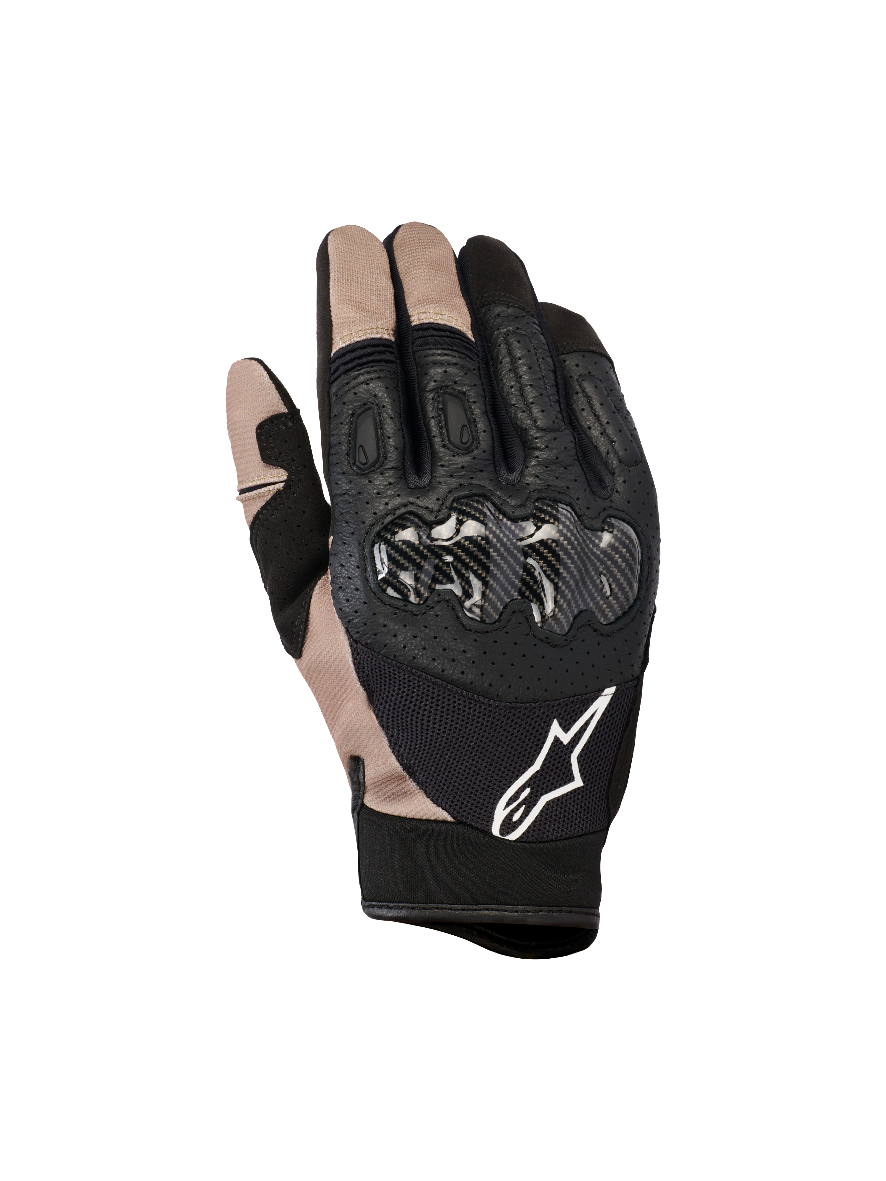 Gants Alpinestars Megawatt V2, gants de motocross et d'enduro, noir et beige, protection des articulations en fibre de carbone, construction en cuir perforé et mesh, logo Alpinestars blanc