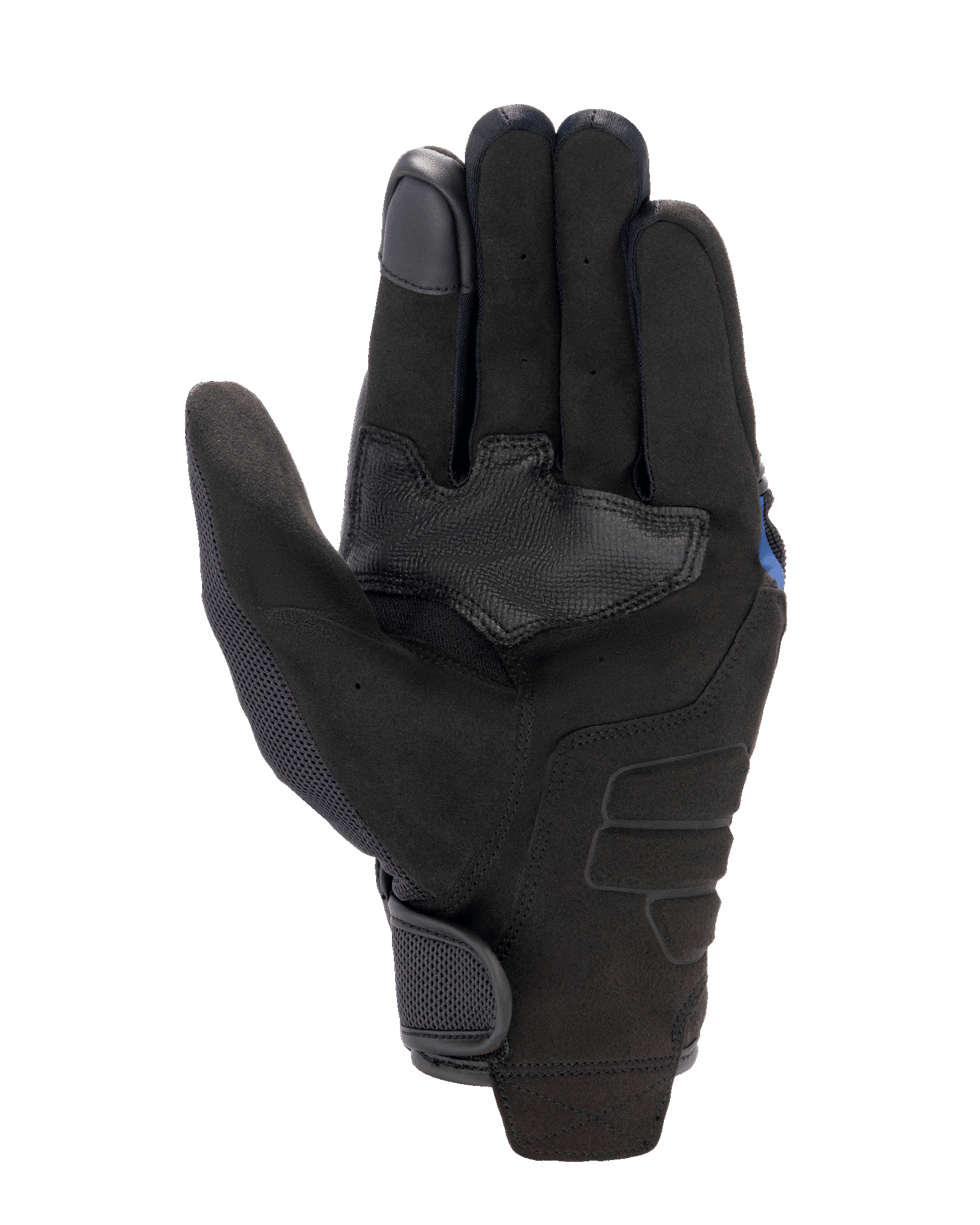 Gants Alpinestars FQ20 Copper, gants de moto urbains, noirs, vue de la paume présentant un matériau en daim synthétique, un patch de renforcement de l'adhérence texturé, un empiècement en mesh sur le pouce et une fermeture de poignet par crochet et boucle.