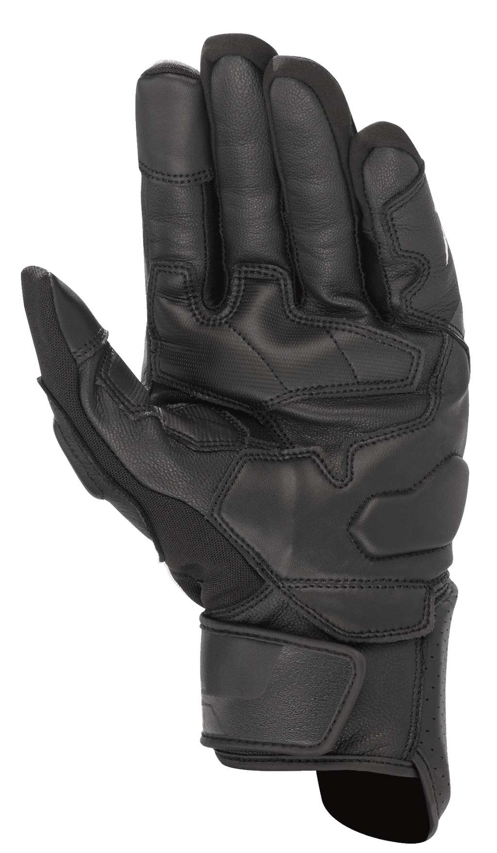 Gants Alpinestars Booster V2, noirs, vue de la paume du gant de moto montrant la construction en cuir durable, les panneaux de préhension renforcés sur la paume et le pouce, et une sangle de poignet réglable.