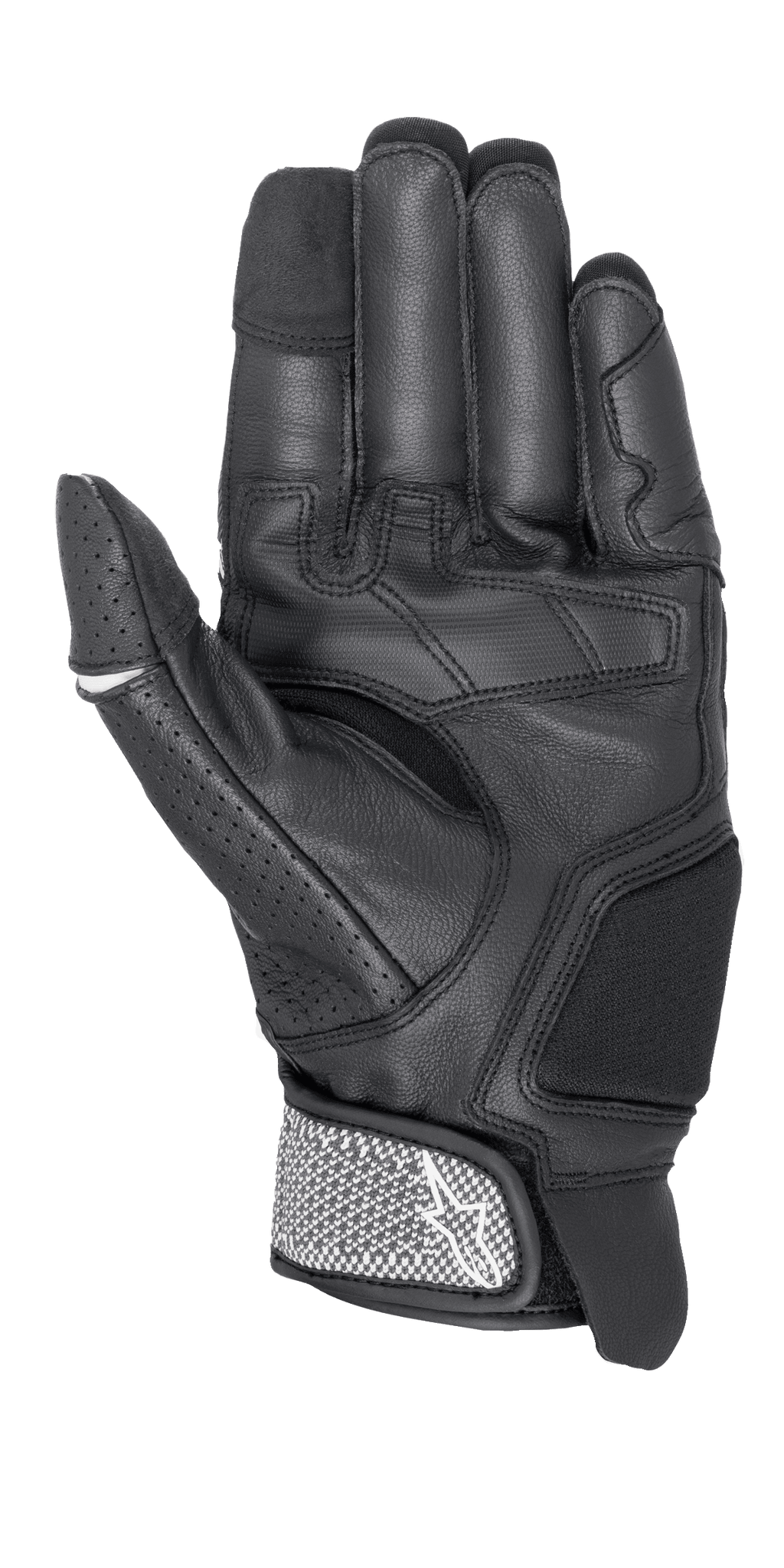 Gants Alpinestars Morph Sport, gants de moto, noir et blanc, vue côté paume montrant les panneaux renforcés, le pouce perforé et la sangle de poignet texturée avec le logo Alpinestars