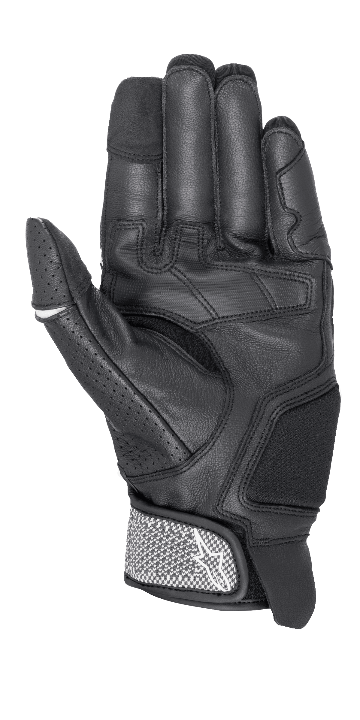 Gants Alpinestars Morph Sport, gants de moto, noir et blanc, vue côté paume montrant les panneaux renforcés, le pouce perforé et la sangle de poignet texturée avec le logo Alpinestars