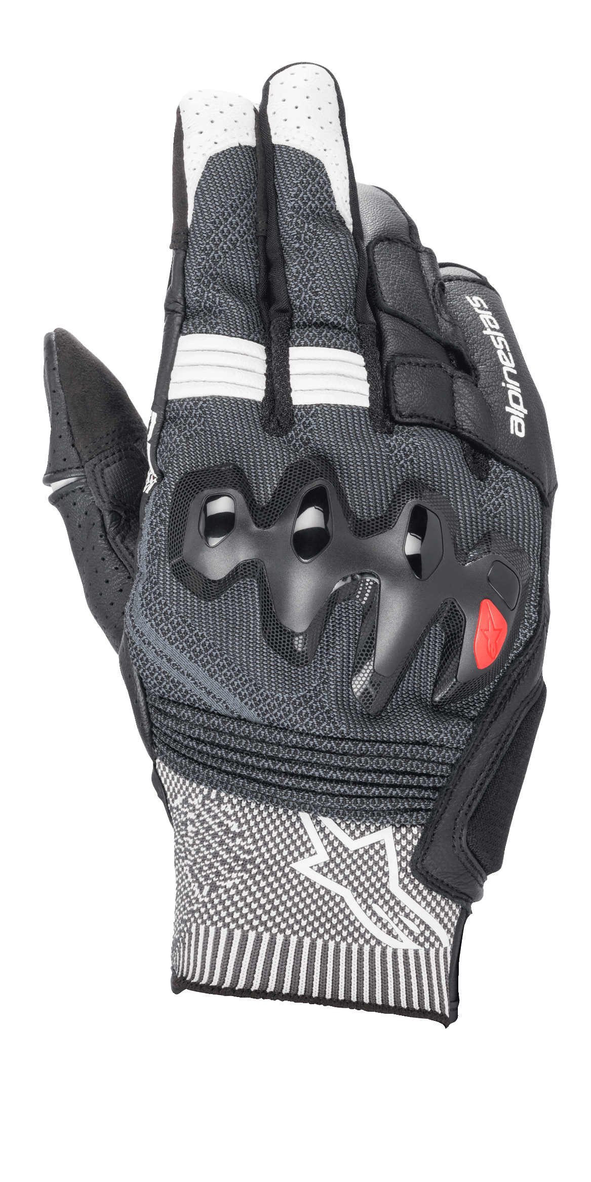 Gants Alpinestars Morph Sport, gants de moto, noir et blanc, avec revers en MorphTech Weave gris, protection des articulations sur-injectée, inserts RIDEKNIT et logo étoile blanc sur la manchette