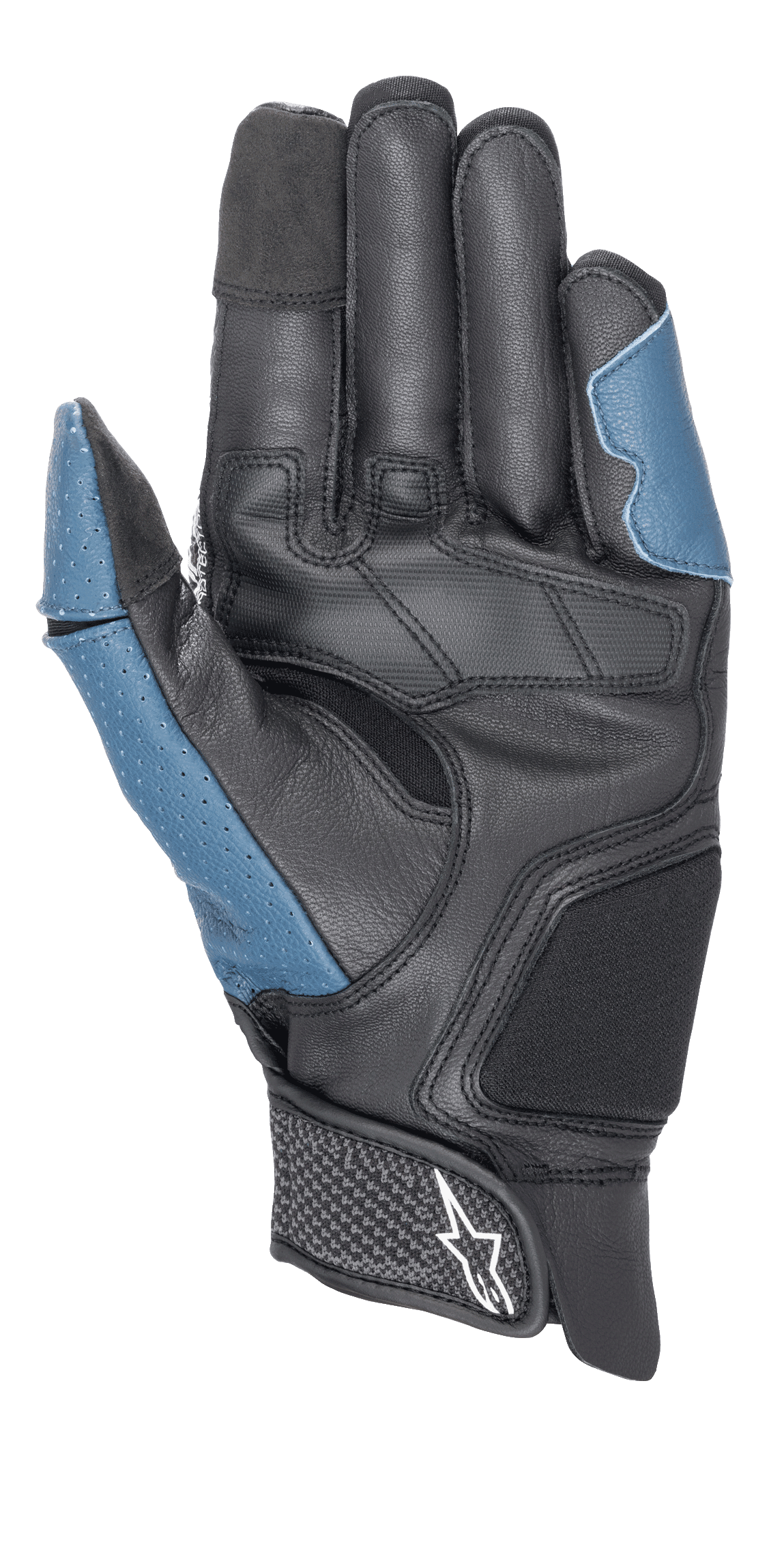 Gants Alpinestars Morph Sport, vue côté paume, Noir et Bleu Sodalite, avec paume en cuir renforcé, empiècements bleus perforés sur le pouce et le côté extérieur, manchette courte avec sangle auto-agrippante et logo Alpinestars, équipement de performance pour la conduite sportive et sur route
