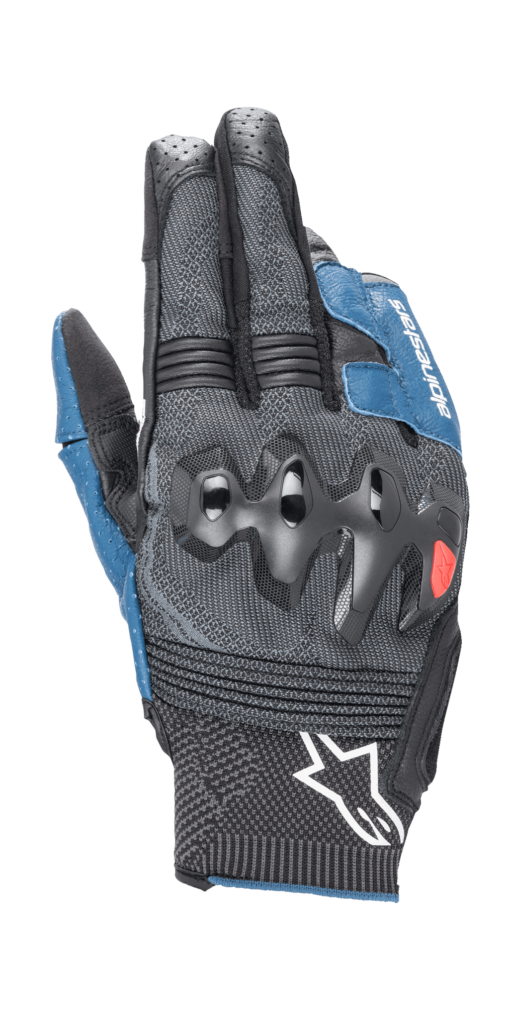 Alpinestars Morph Sport Gloves, Motorcycle Gloves, Black and Blue Sodalite, featuring over-injected knuckle guards, MorphTech Weave backhand with RIDEKNIT inserts, white star logo on the cuff, technical textured fabric for road racing