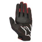 Gants Alpinestars Honda SMX-2 Air Carbon V2, gants de moto, noir et rouge, vue de la paume avec construction en cuir et mesh 3D, logo Alpinestars blanc, zones de la paume et du pouce renforcées pour l'adhérence, manchette courte