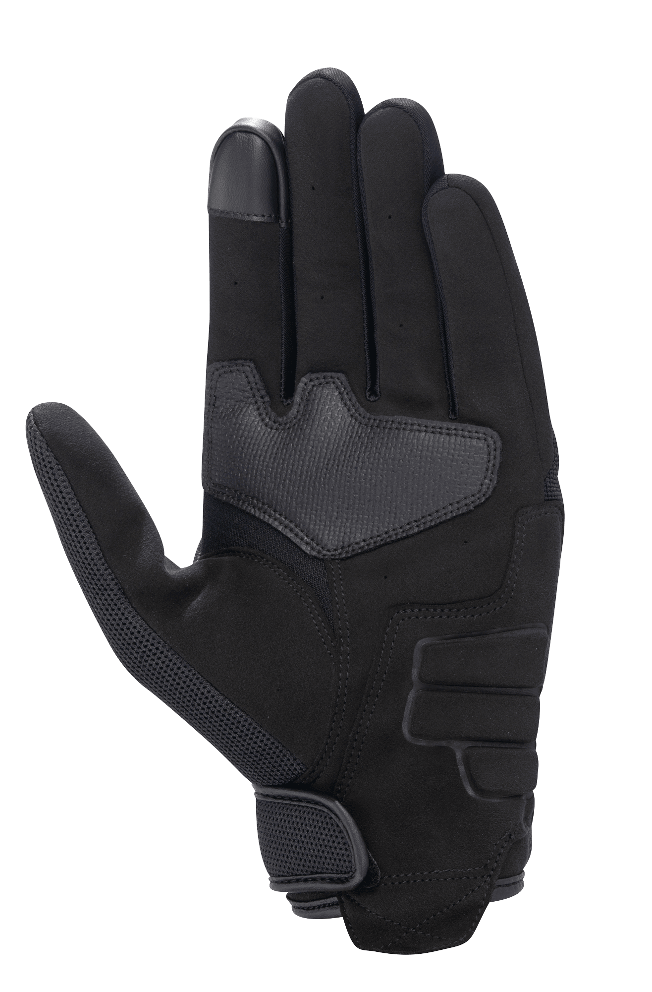 Alpinestars Honda Copper Glove, Noir, vue de la paume d'un gant de moto urbain avec construction en daim synthétique, paume renforcée, bout de doigt compatible avec les écrans tactiles et fermeture par crochet et boucle au poignet.