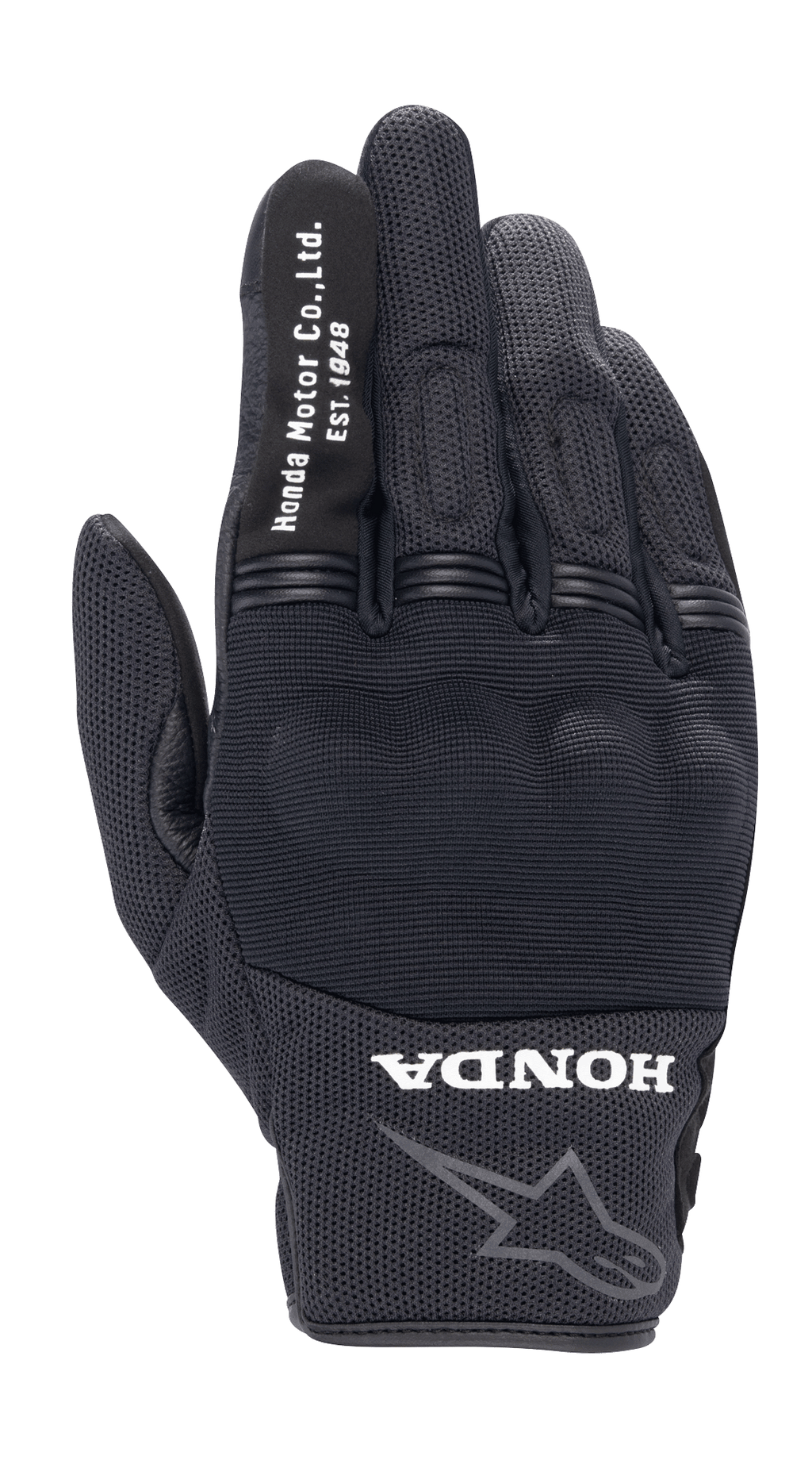 Alpinestars Honda Copper Glove, gants de moto urbains noirs, construction en mesh texturé, texte blanc "Honda Motor Co. Ltd. Est. 1948" sur l'index, logo "HONDA" et étoile Alpinestars au poignet, protection rigide des articulations, équipement léger pour la route