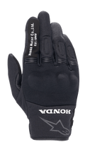 Alpinestars Honda Copper Glove, gants de moto urbains noirs, construction en mesh texturé, texte blanc "Honda Motor Co. Ltd. Est. 1948" sur l'index, logo "HONDA" et étoile Alpinestars au poignet, protection rigide des articulations, équipement léger pour la route