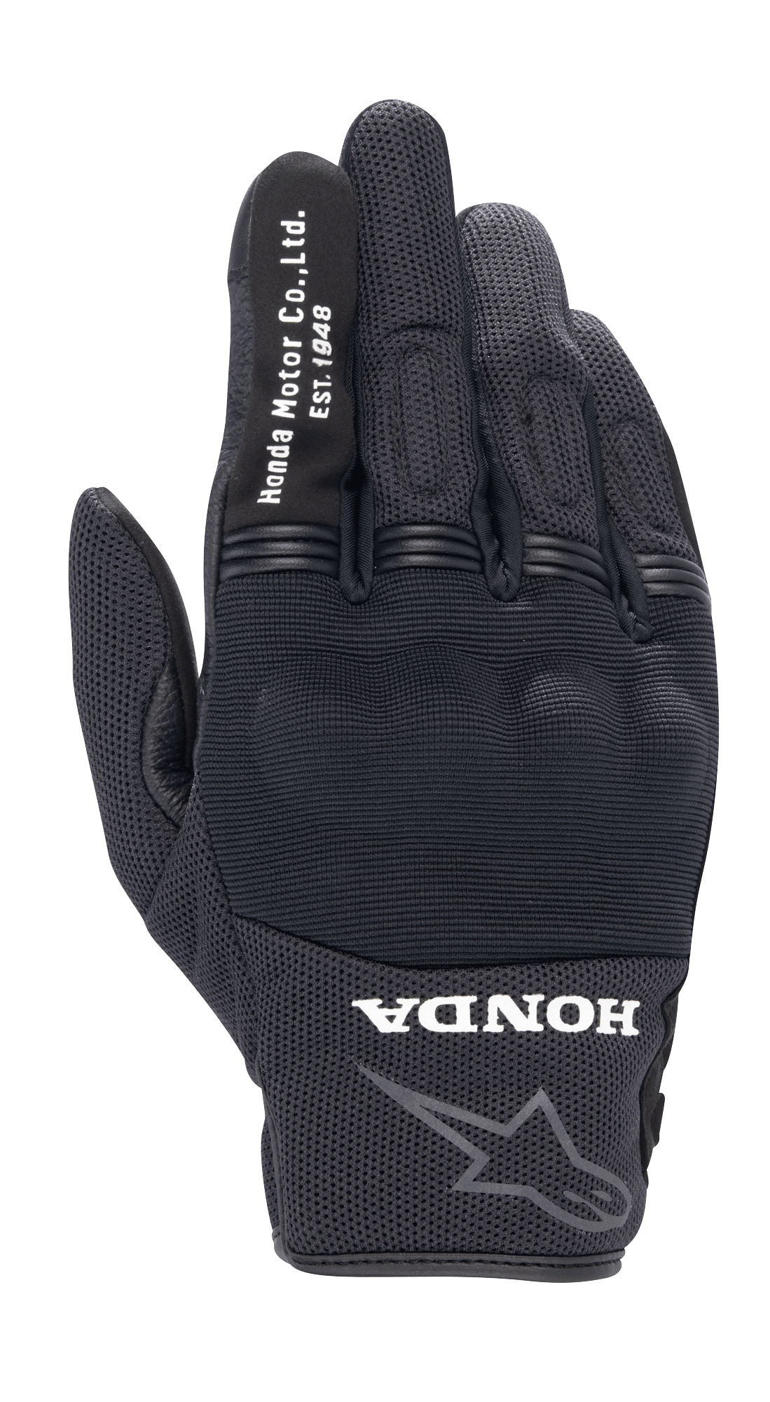 Alpinestars Honda Copper Glove, gants de moto urbains noirs, construction en mesh texturé, texte blanc "Honda Motor Co. Ltd. Est. 1948" sur l'index, logo "HONDA" et étoile Alpinestars au poignet, protection rigide des articulations, équipement léger pour la route