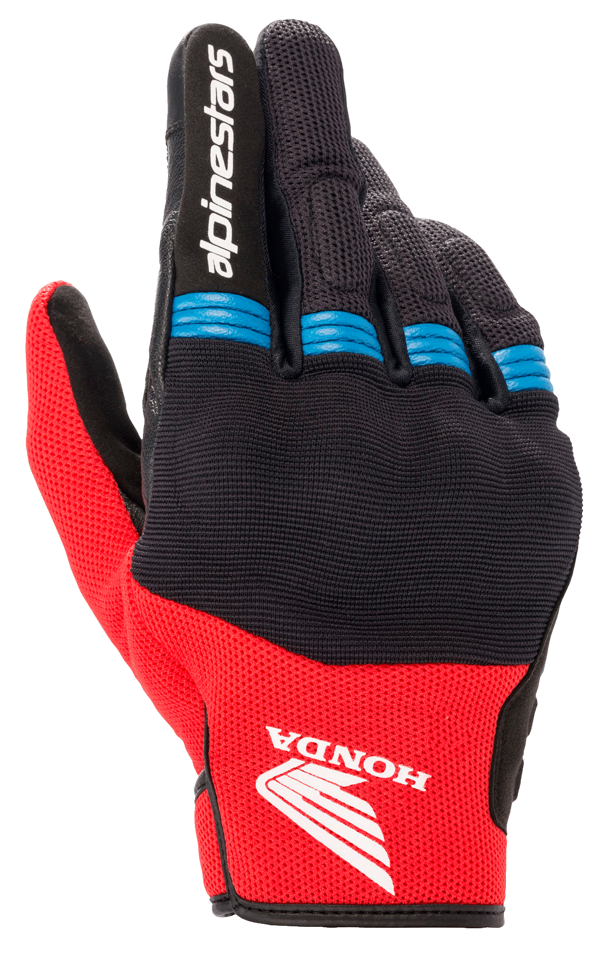 Alpinestars Honda Copper Glove, gants de moto noirs et rouge vif avec accents bleus, logo ailé Honda sur le dos de la main, marquage Alpinestars sur l'index, conception en mesh avec détails en accordéon sur les doigts, style urbain à manchette courte