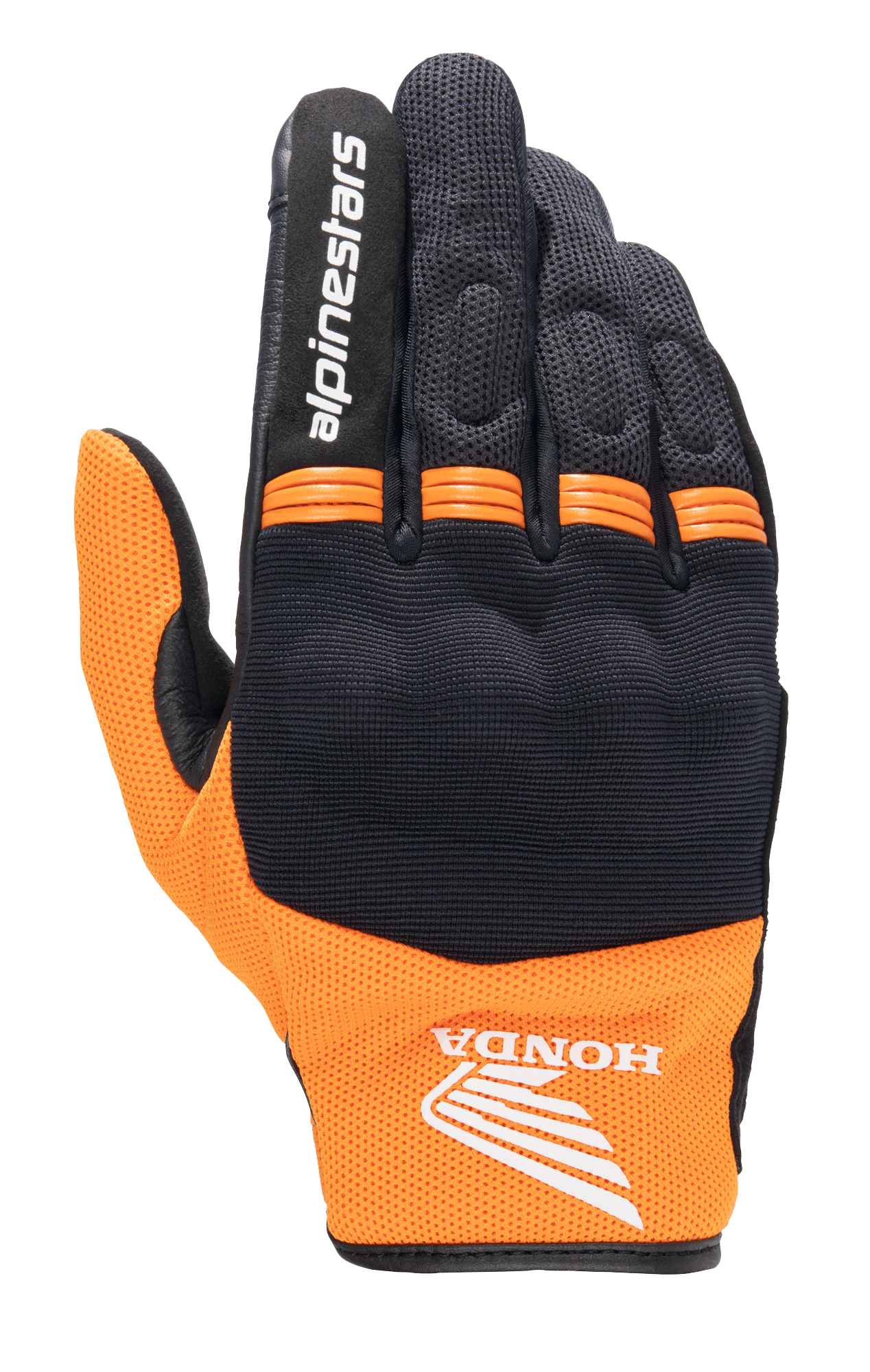 Gants Alpinestars Honda Copper, gants de moto urbains légers, noir et orange, avec le logo Honda sur le poignet, lettrage Alpinestars sur l'index, construction en mesh et panneaux en accordéon orange sur les articulations