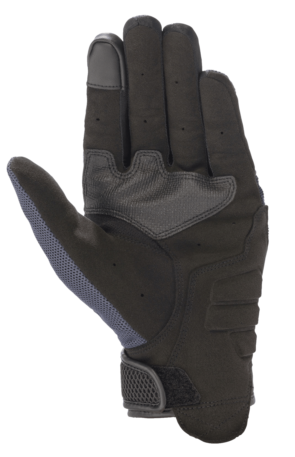 Gants Alpinestars Copper, gants de moto, Mood Indigo, vue de la paume présentant une construction entièrement en daim synthétique, un rembourrage renforcé, un bout de doigt compatible avec les écrans tactiles et un panneau en mesh au pouce pour une protection urbaine légère.
