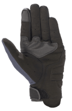Gants Alpinestars Copper, gants de moto, Mood Indigo, vue de la paume présentant une construction entièrement en daim synthétique, un rembourrage renforcé, un bout de doigt compatible avec les écrans tactiles et un panneau en mesh au pouce pour une protection urbaine légère.