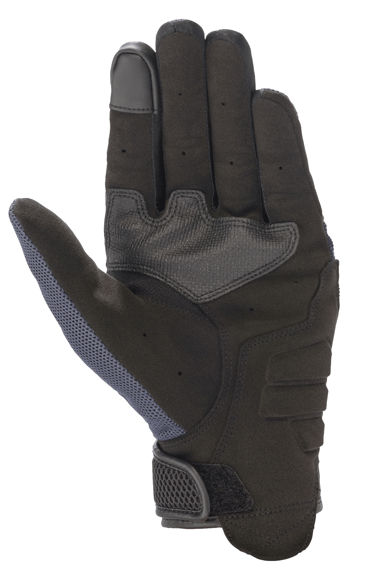 Gants Alpinestars Copper, gants de moto, Mood Indigo, vue de la paume présentant une construction entièrement en daim synthétique, un rembourrage renforcé, un bout de doigt compatible avec les écrans tactiles et un panneau en mesh au pouce pour une protection urbaine légère.