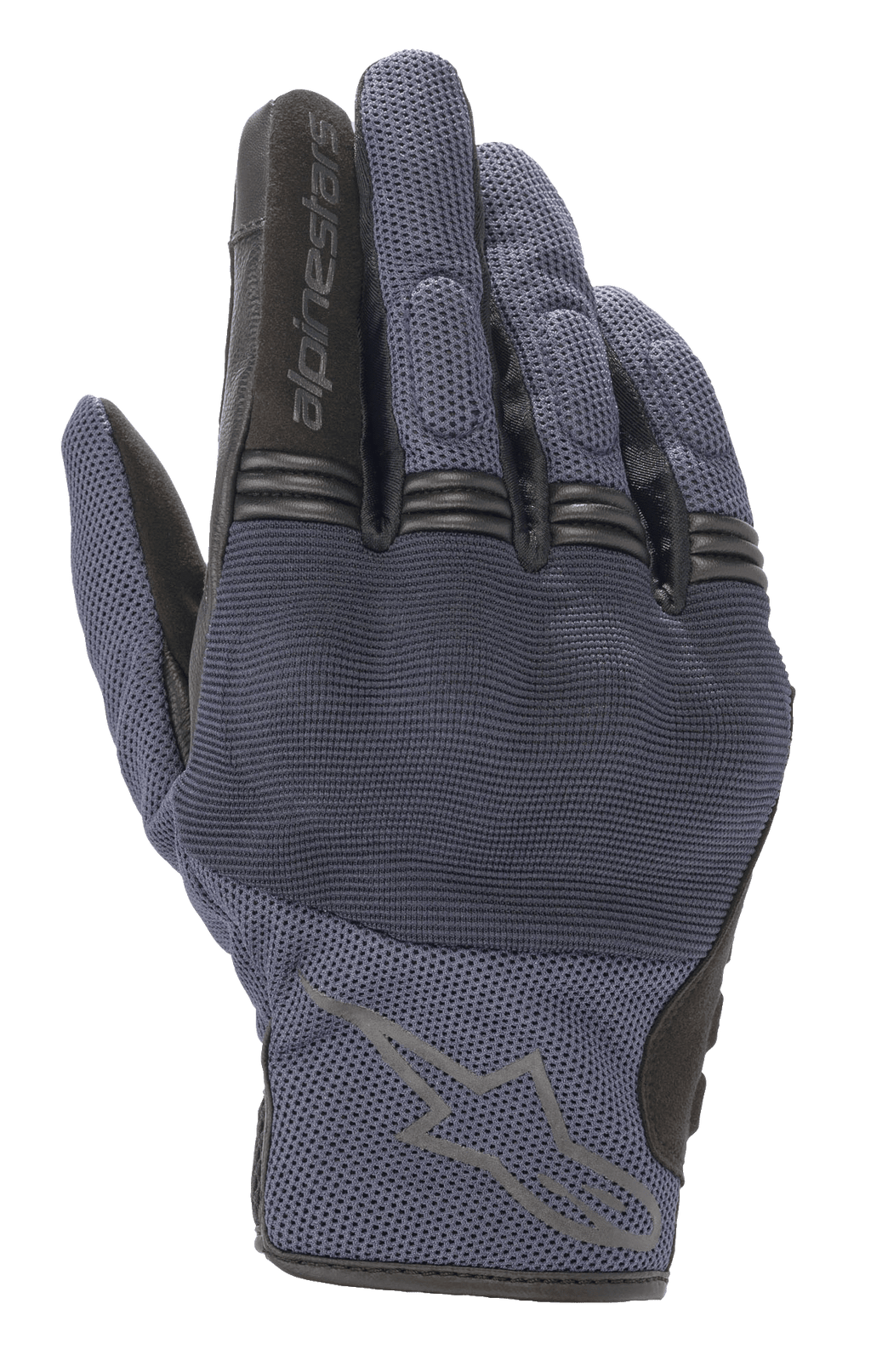 Alpinestars Copper Gloves, gants de moto urbains, bleu Mood Indigo avec accents noirs, construction en textile mesh, avec protection rigide des articulations et soufflets en accordéon sur les doigts, logo Alpinestars sur le dos de la main