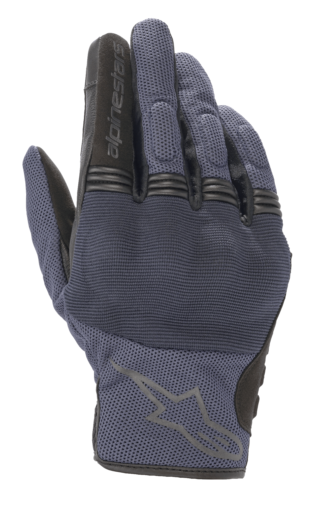 Alpinestars Copper Gloves, gants de moto urbains, bleu Mood Indigo avec accents noirs, construction en textile mesh, avec protection rigide des articulations et soufflets en accordéon sur les doigts, logo Alpinestars sur le dos de la main