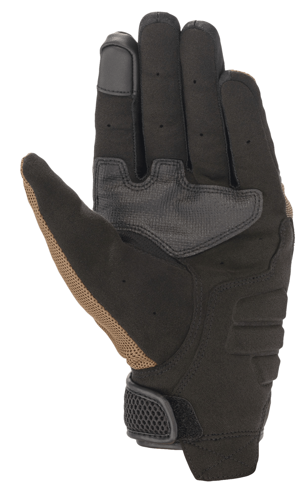 Alpinestars Copper Gloves, gants de moto urbains, Teck et noir, vue de la paume présentant une construction en daim synthétique, des empiècements de préhension renforcés, un bout de doigt compatible avec les écrans tactiles et des détails perforés sur les doigts