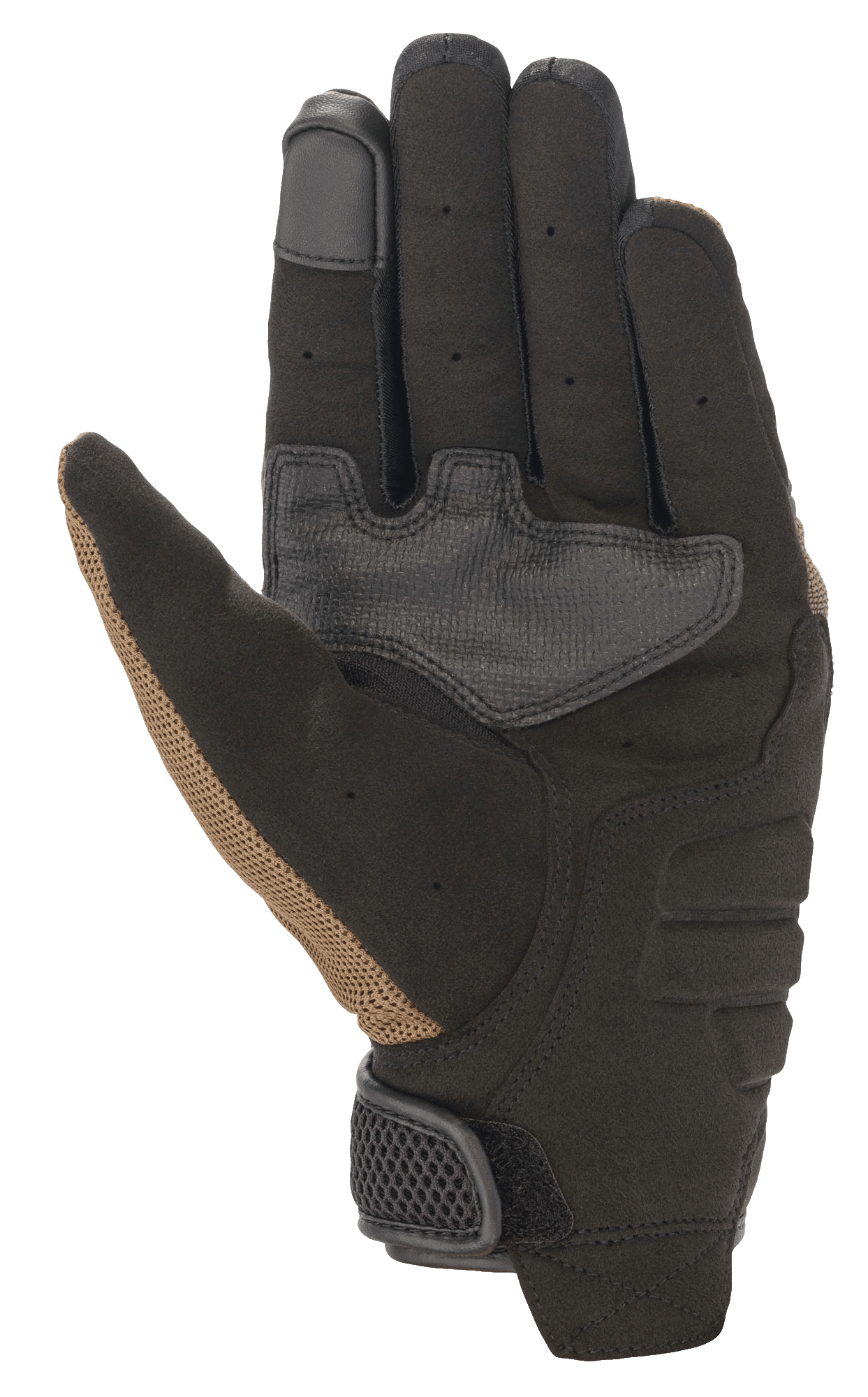 Alpinestars Copper Gloves, gants de moto urbains, Teck et noir, vue de la paume présentant une construction en daim synthétique, des empiècements de préhension renforcés, un bout de doigt compatible avec les écrans tactiles et des détails perforés sur les doigts