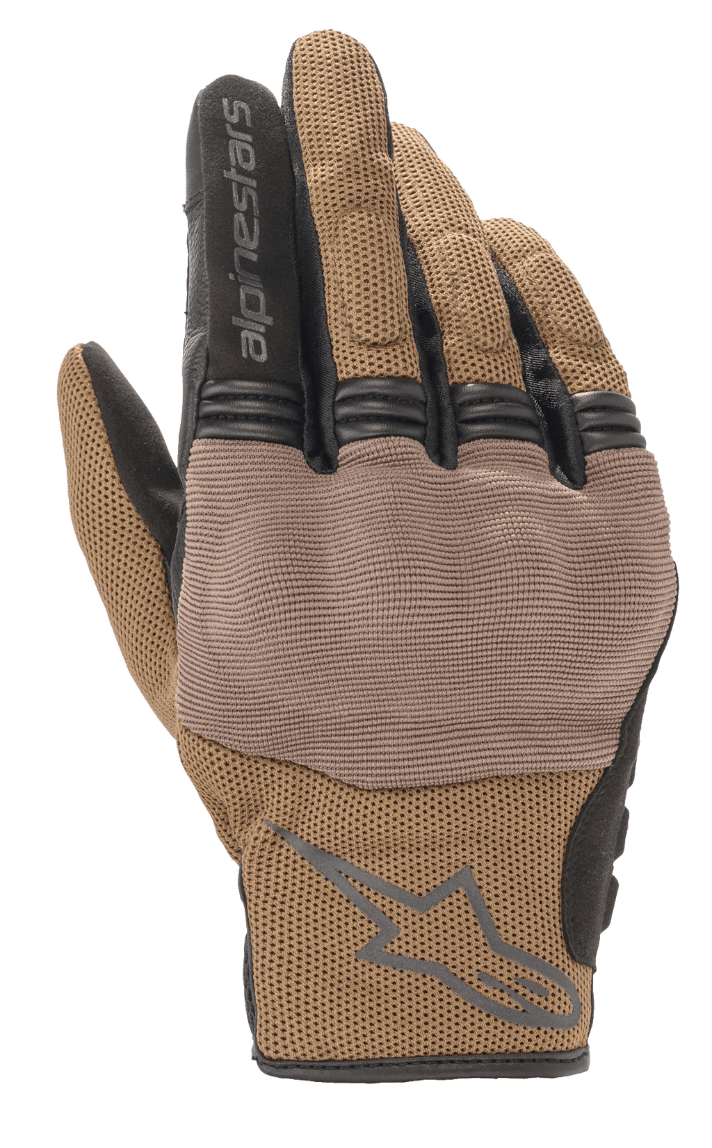 Gants Alpinestars Copper, gants de moto urbains, brun Teak et noir, construction en mesh respirant, empiècement texturé sur les articulations, manchette courte avec logo et lettrage Alpinestars