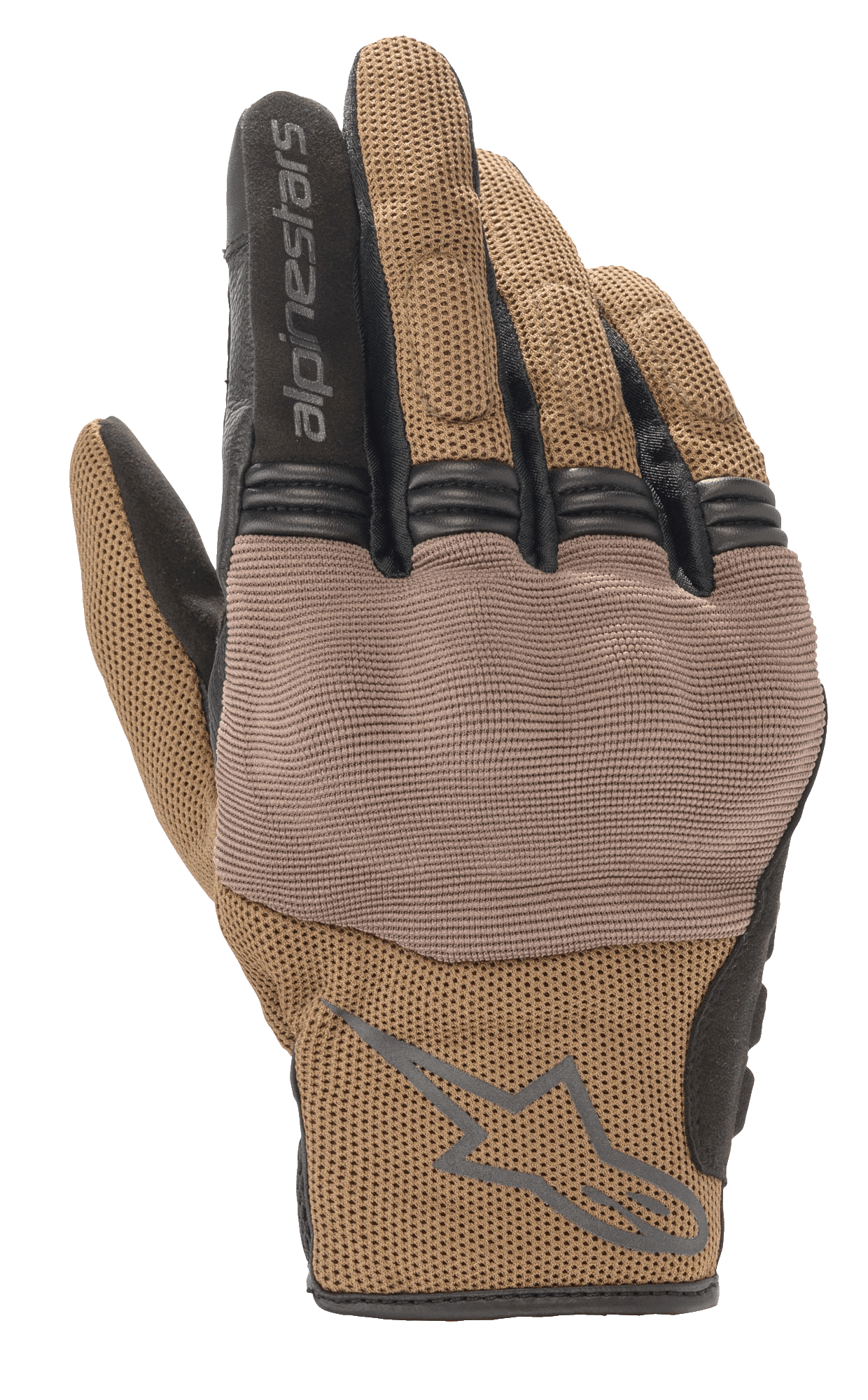 Gants Alpinestars Copper, gants de moto urbains, brun Teak et noir, construction en mesh respirant, empiècement texturé sur les articulations, manchette courte avec logo et lettrage Alpinestars
