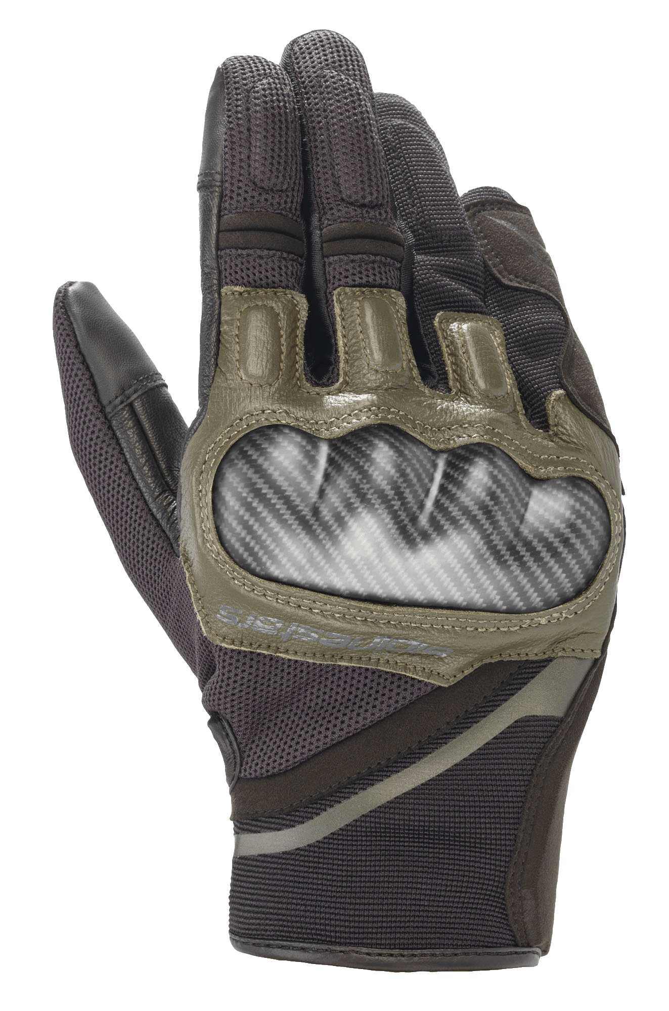 Gants Alpinestars Chrome, gants de moto, noir et vert forêt, avec protection rigide des articulations aspect carbone, accents en cuir vert olive et construction textile multi-panneaux durable