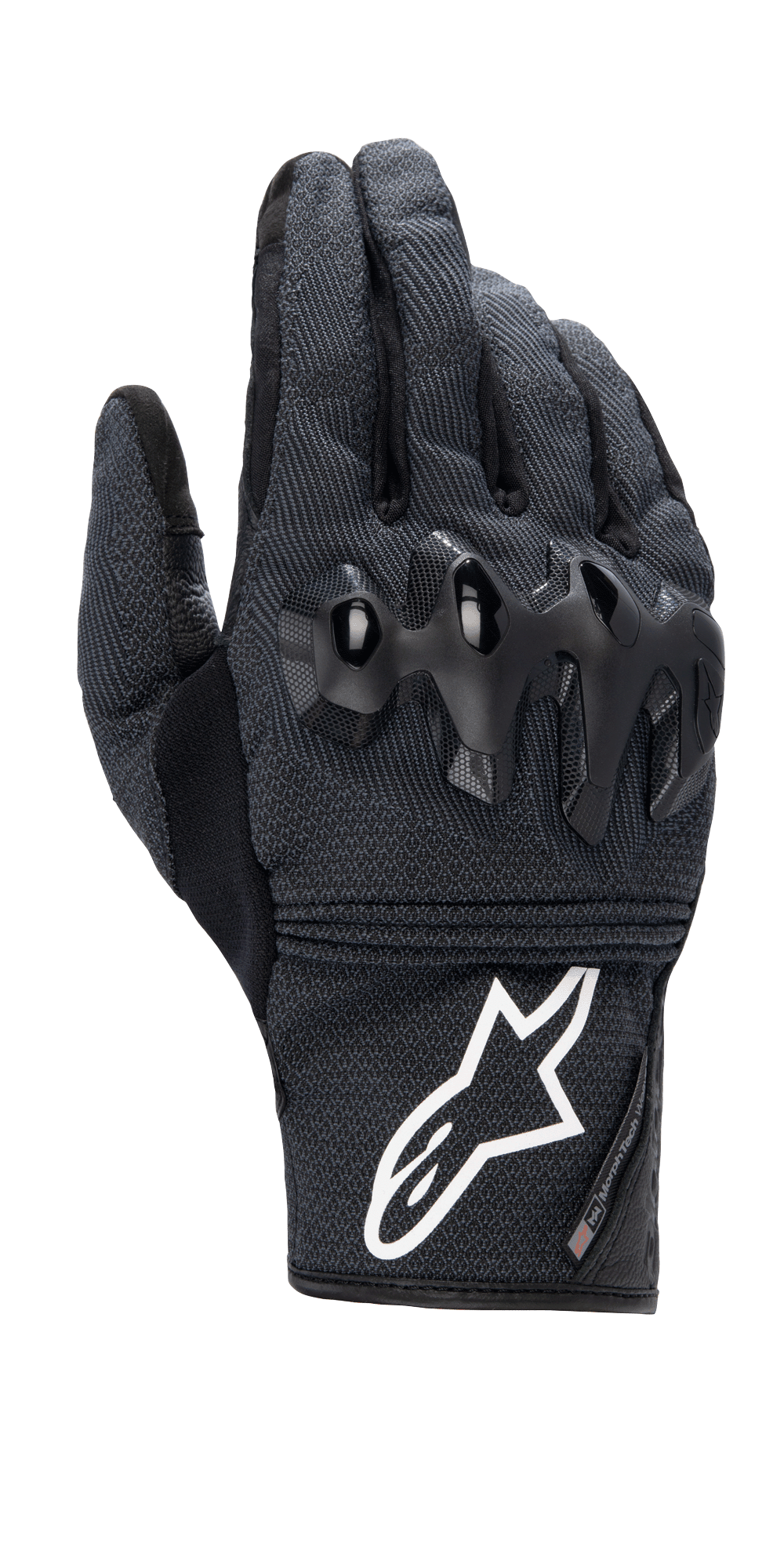 Gants Alpinestars Morph Street, gants de moto noirs à manchette courte, tissu MorphTech Weave texturé avec protection des articulations noire brillante, logo blanc distinctif sur la manchette, équipement de moto urbain