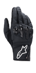 Gants Alpinestars Morph Street, gants de moto noirs à manchette courte, tissu MorphTech Weave texturé avec protection des articulations noire brillante, logo blanc distinctif sur la manchette, équipement de moto urbain