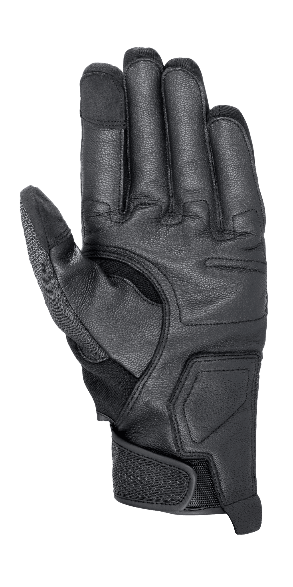 Gants Alpinestars Morph Street, gants de moto, noirs, vue de la paume montrant les panneaux de protection renforcés, bouts des doigts compatibles avec les écrans tactiles et sangle de poignet ajustable pour un maintien sûr