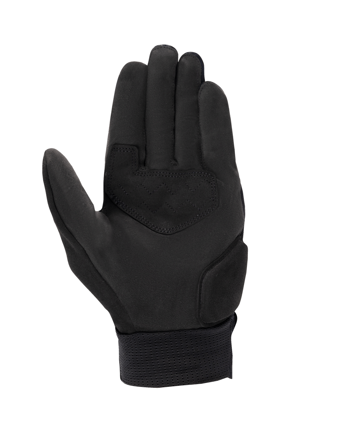 Gants Alpinestars Stated Air, gants de moto, noirs, vue de la paume avec construction en daim synthétique, empiècement de paume renforcé avec coutures en zigzag et poignet élastique côtelé, équipement de moto urbain pour l'été