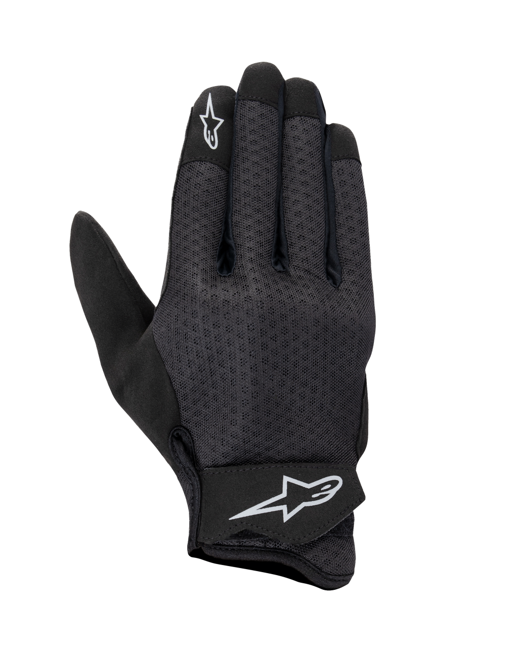 Gants Alpinestars Stated Air, gants de moto noirs, dos en mesh pour une ventilation maximale, logos étoile blancs sur l'index et la sangle de poignet, fermeture Velcro réglable, matériau synthétique léger, design urbain épuré
