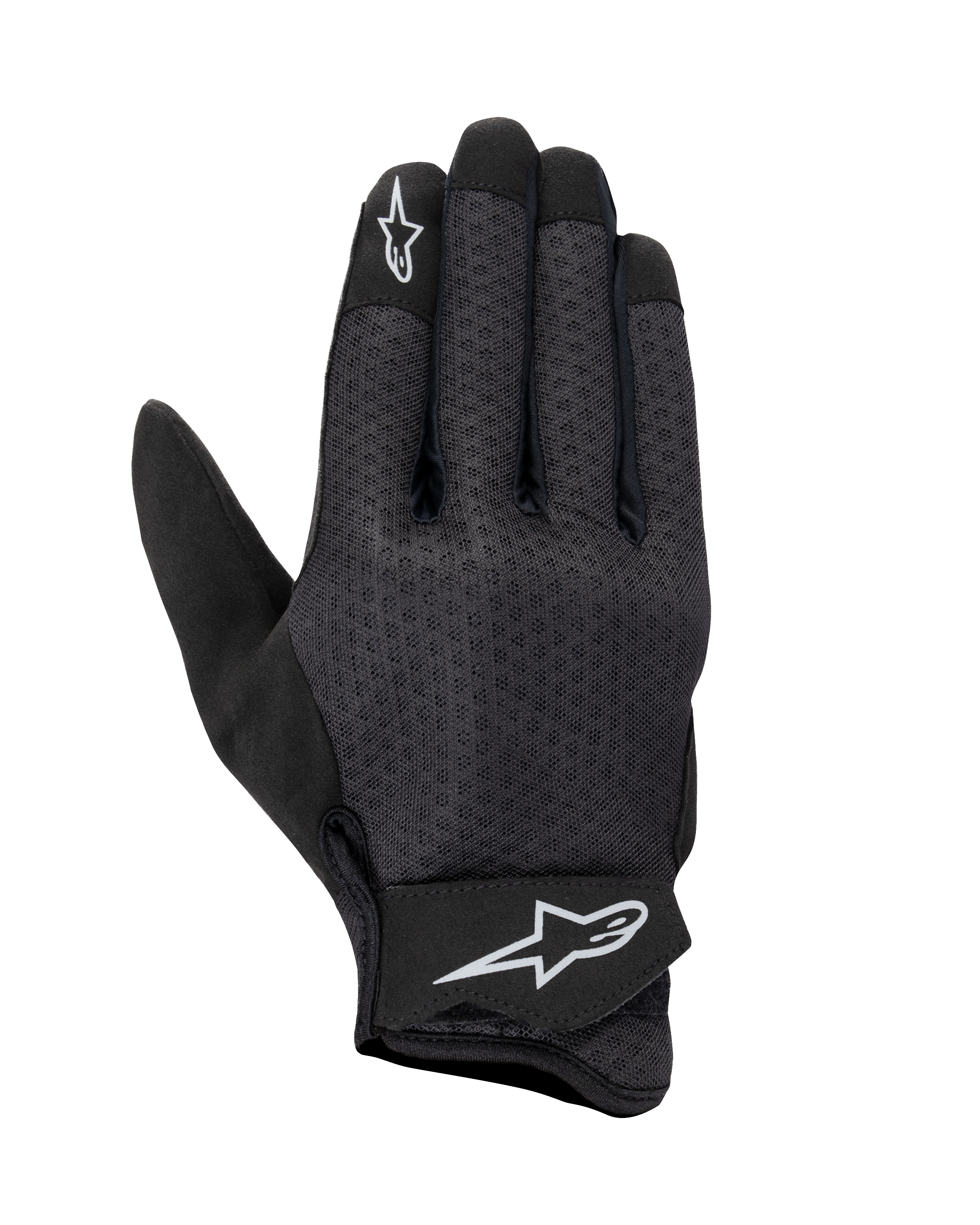 Gants Alpinestars Stated Air, gants de moto noirs, dos en mesh pour une ventilation maximale, logos étoile blancs sur l'index et la sangle de poignet, fermeture Velcro réglable, matériau synthétique léger, design urbain épuré