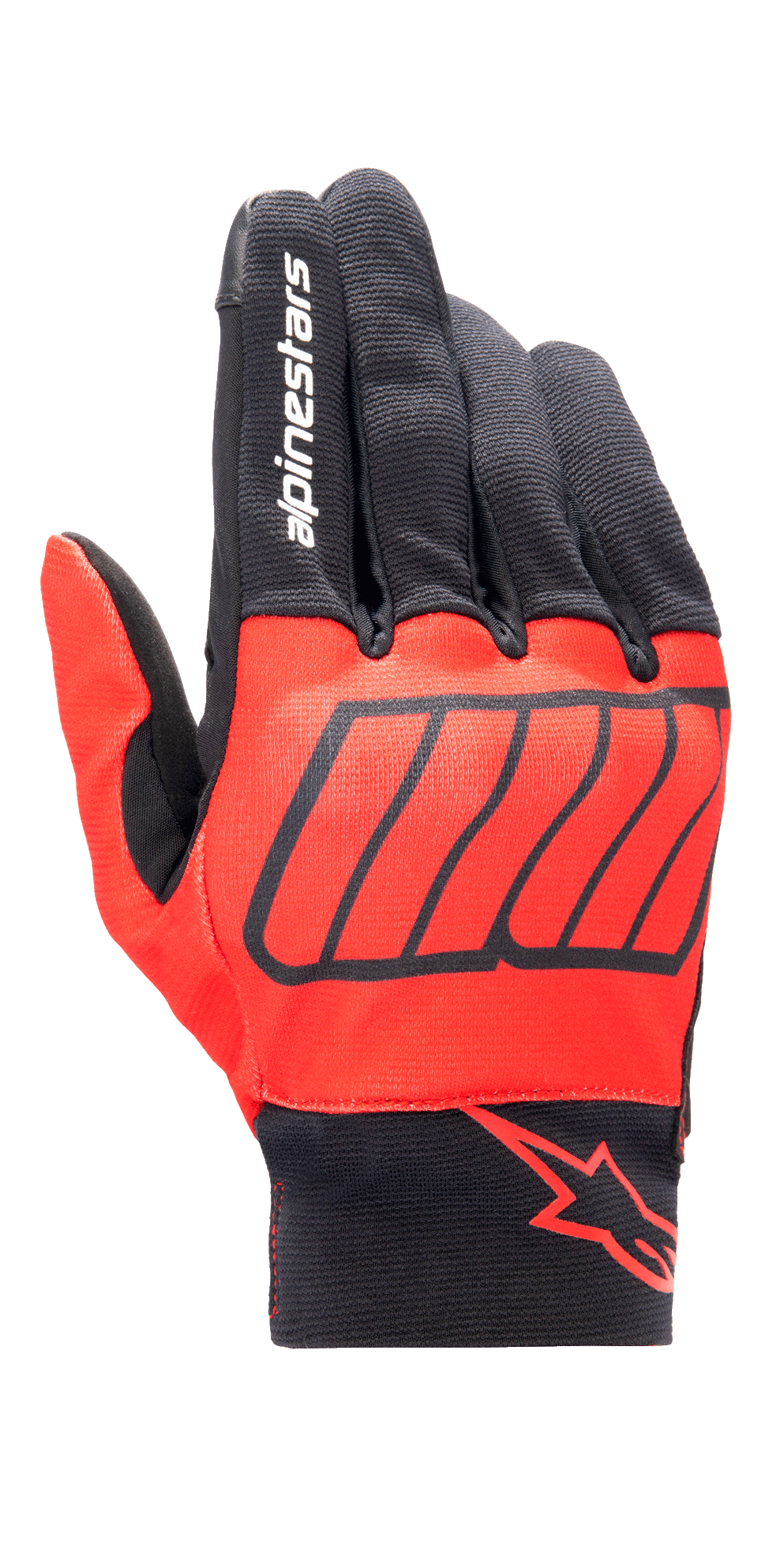 Gant Alpinestars Aragon, gant de moto, rouge vif et noir, collection Marc Marquez MM93, avec marquage Alpinestars blanc sur l'index et logo étoile rouge au poignet, tissu extensible texturé avec motifs diagonaux, design pour conduite urbaine