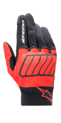 Alpinestars Aragon Glove, Motorcycle Gloves, Bright Red and Black, Marc Marquez MM93 collection, featuring white Alpinestars branding on the index finger and a red star logo on the wrist, textured stretch fabric with diagonal graphics, urban riding design
