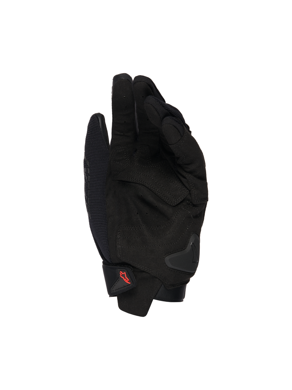 Gants Alpinestars SP X 1, gants de moto noirs, vue de la paume montrant des empiècements en cuir synthétique, zones d'impact renforcées, glissière de paume en TPR, fermeture à manchette courte avec logo rouge, protection pour conduite sportive