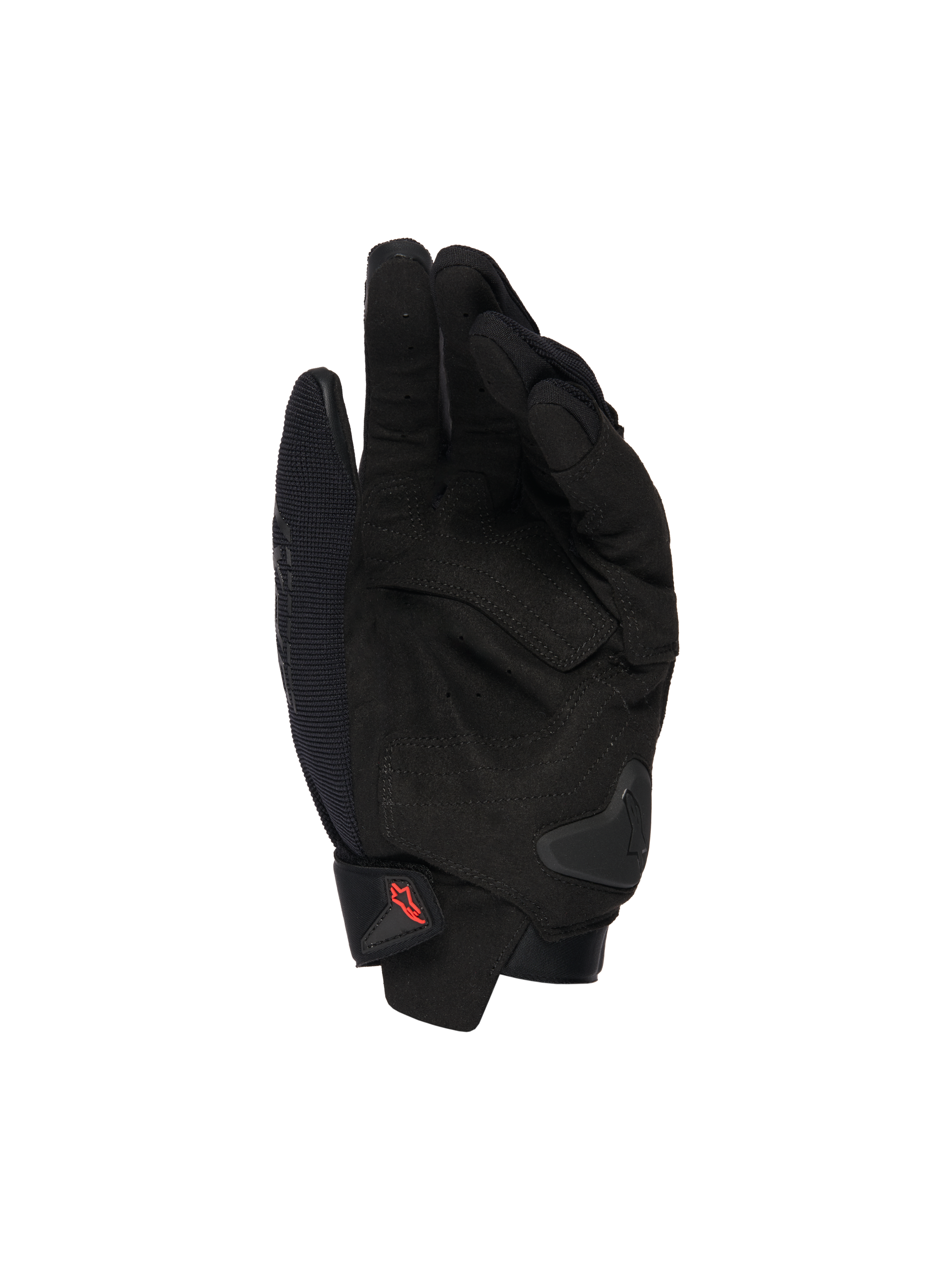 Gants Alpinestars SP X 1, gants de moto noirs, vue de la paume montrant des empiècements en cuir synthétique, zones d'impact renforcées, glissière de paume en TPR, fermeture à manchette courte avec logo rouge, protection pour conduite sportive