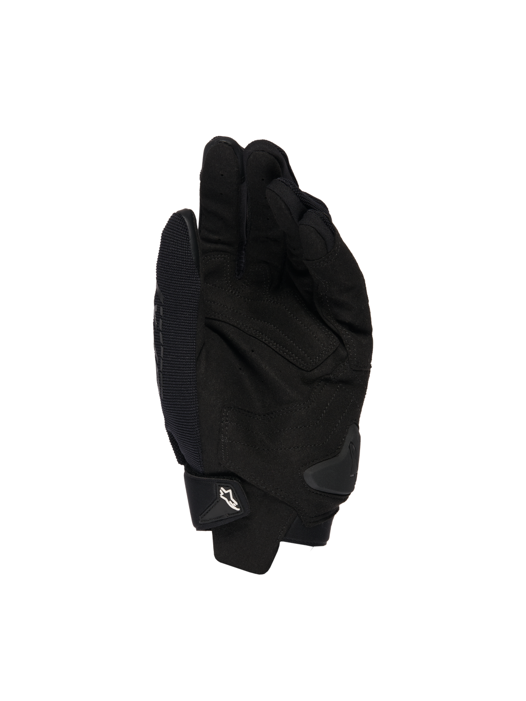 Gants Alpinestars SP X 1, noirs, vue de la paume montrant la construction en cuir synthétique pour l'adhérence, glissière de paume en TPR pour la protection contre les impacts, poignet ajustable avec logo Alpinestars blanc, équipement de sport moto
