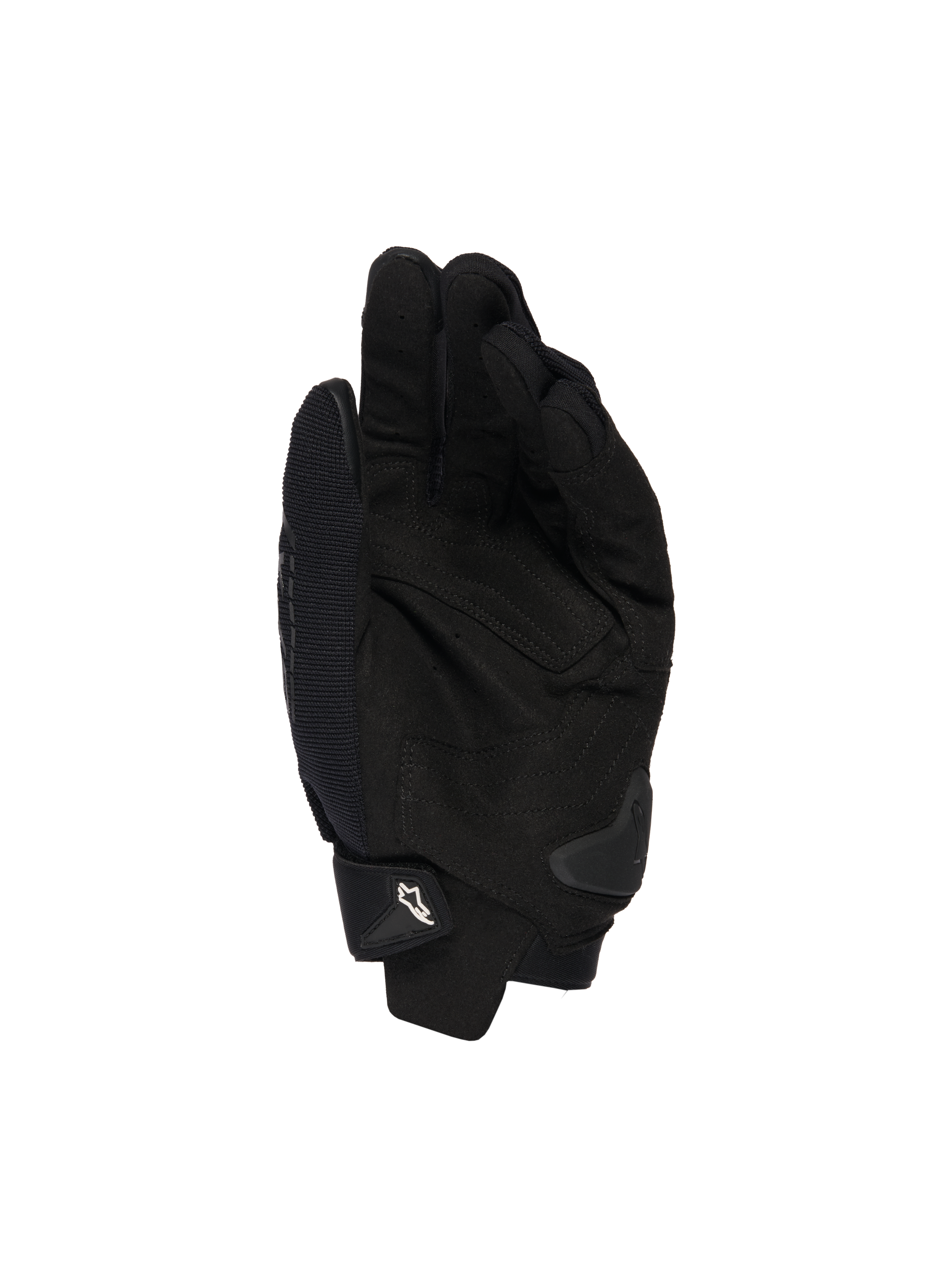Gants Alpinestars SP X 1, noirs, vue de la paume montrant la construction en cuir synthétique pour l'adhérence, glissière de paume en TPR pour la protection contre les impacts, poignet ajustable avec logo Alpinestars blanc, équipement de sport moto
