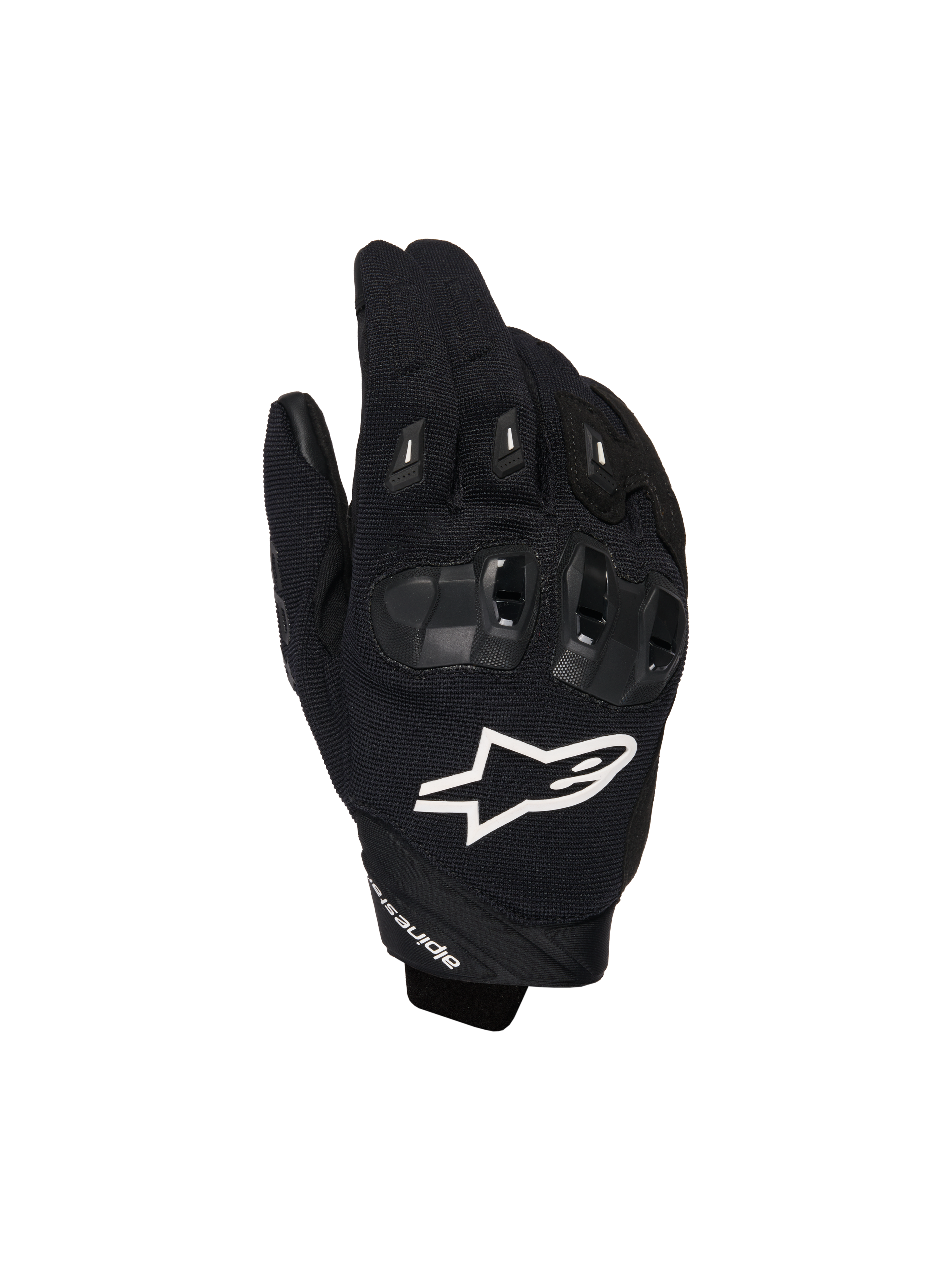 Alpinestars SP X 1, gants de moto sport, noirs avec logo blanc, vue de dessus montrant la protection des articulations en TPR et le tissu mesh ventilé, équipement de protection pour la route et la conduite sportive